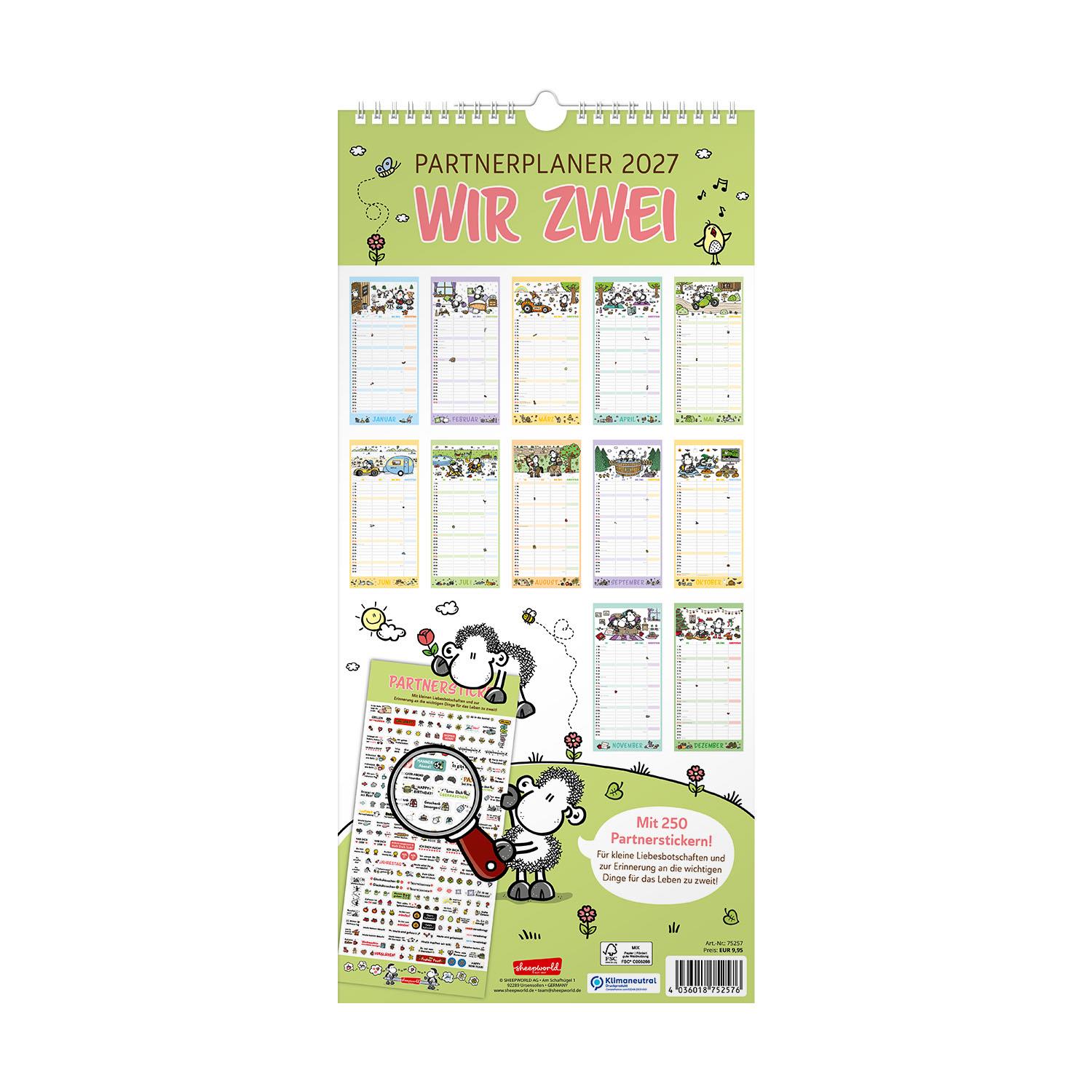 Partnerplaner 2027 »Wir Zwei« mit Schäfchen-Motiven, 45 × 21 cm, 250 Sticker