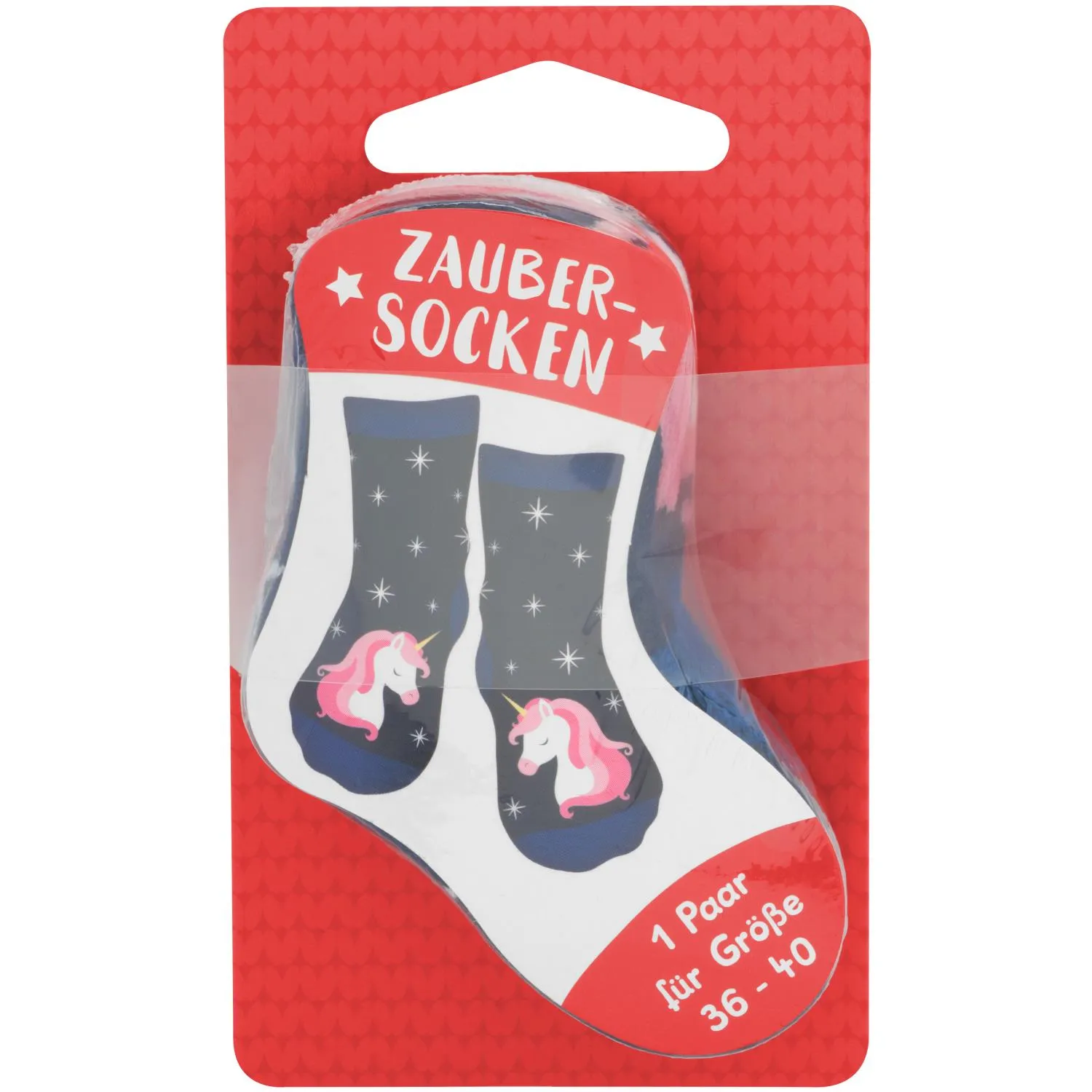 Dunkelblaue Zaubersocken mit pinkem Einhorn und Sternen, 36–40, 1 Paar.