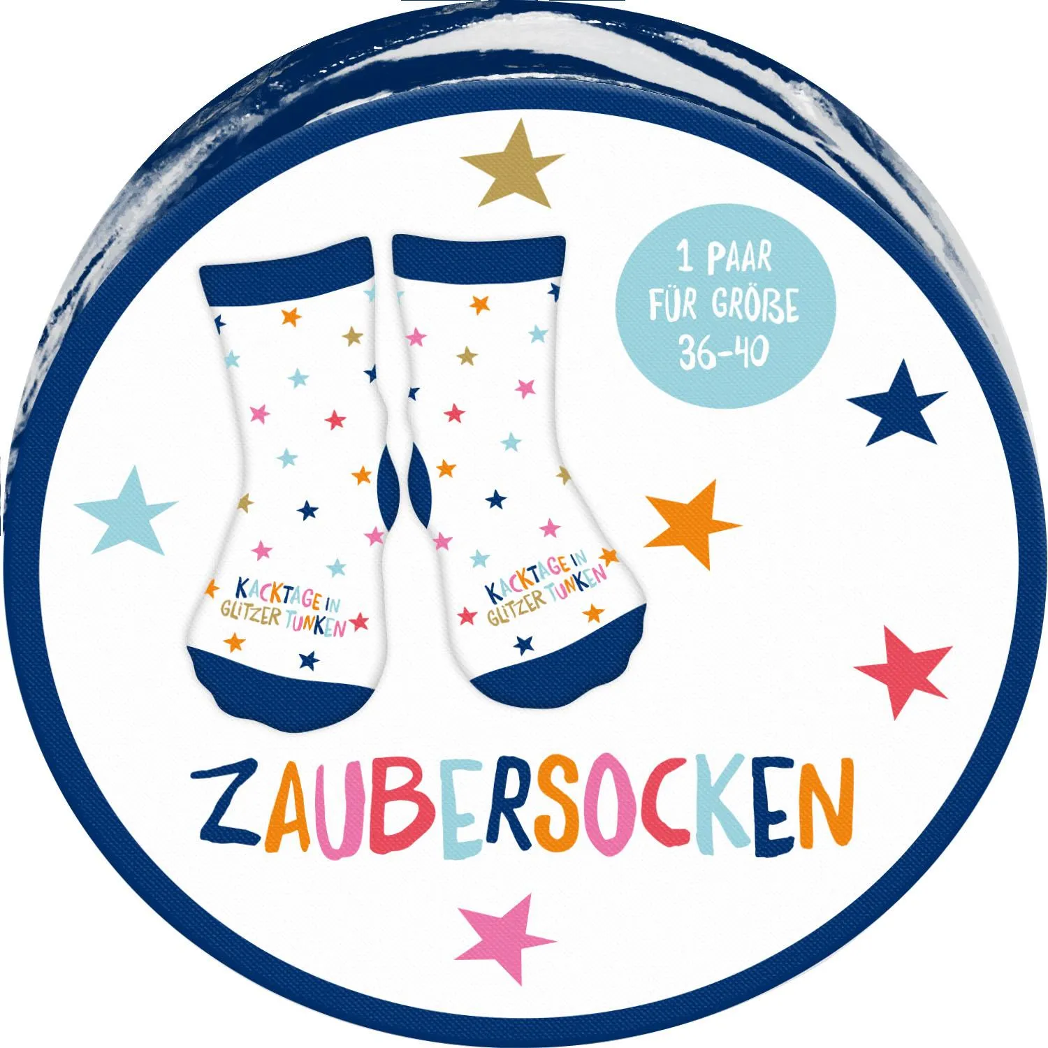 Weißes Paar Zaubersocken mit bunten Sternen und dunkelblauem Rand