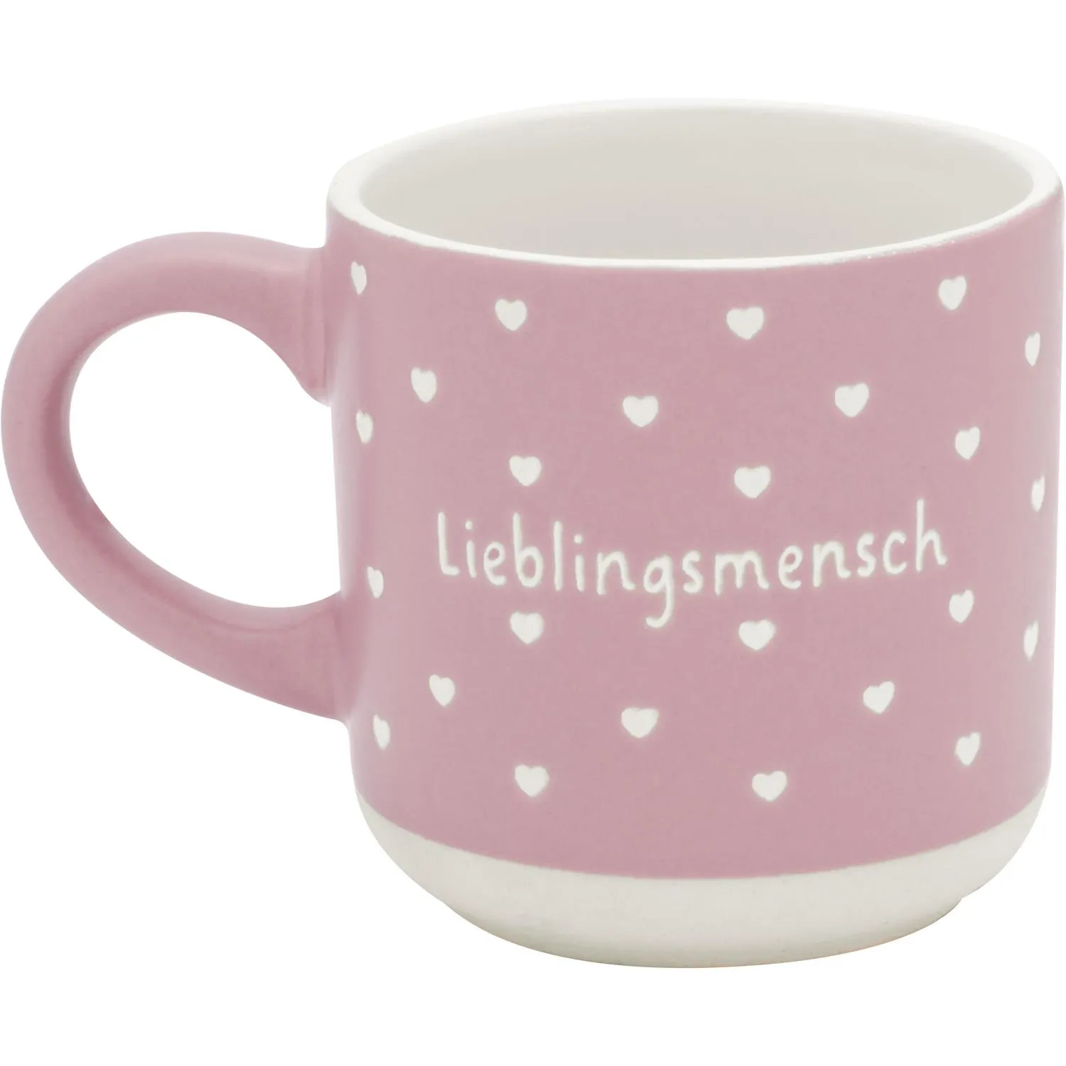Rosa Keramik-Tasse mit weißen Herzen und Schriftzug Lieblingsmensch