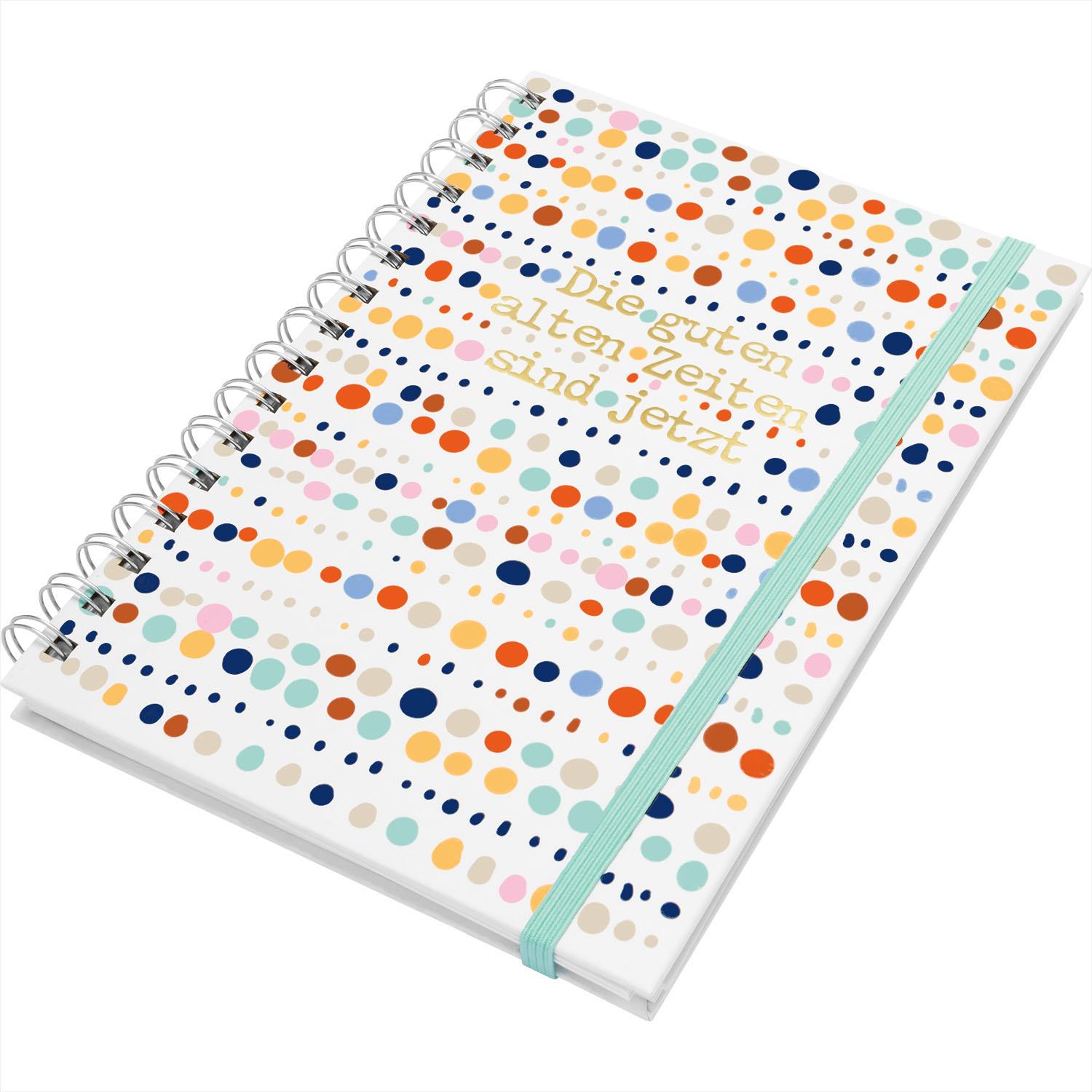 Notizbuch mit buntem Tupfenmuster, Spiralbindung und Mint-Gummiband