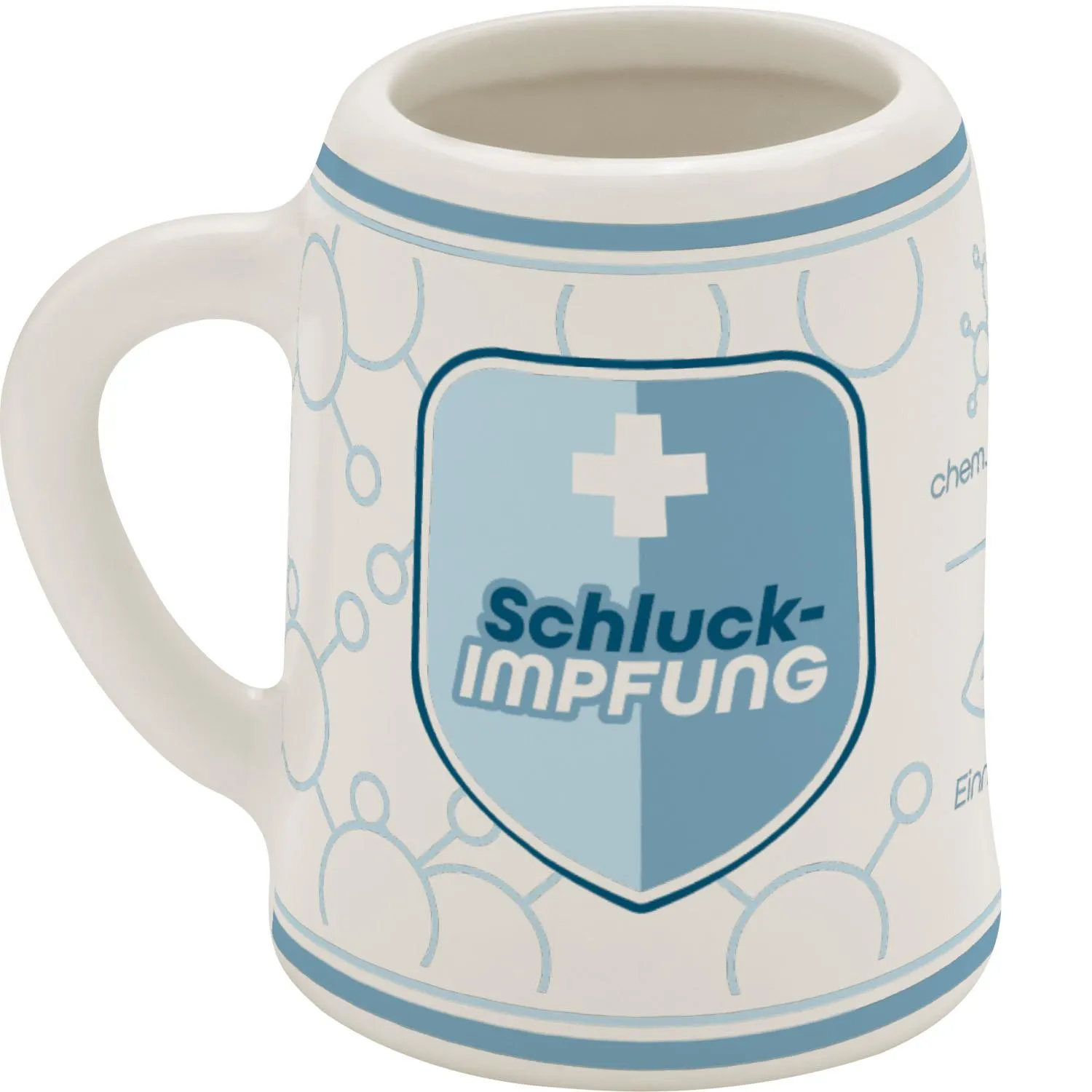 Weißer Porzellankrug mit blauem Schild, Kreuzmotiv und dem Spruch 'Schluck-Impfung'.