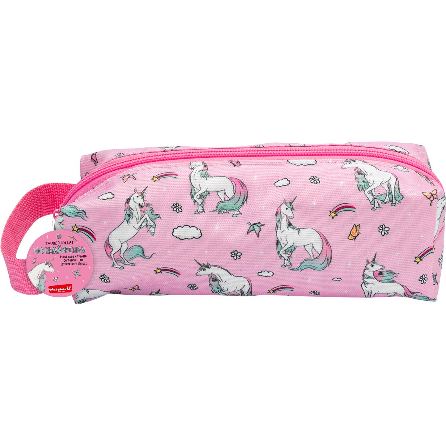 Rosa Einhorn-Federmäppchen mit Reißverschluss und Label