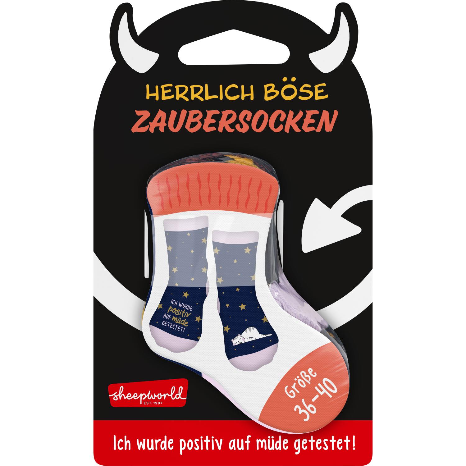 Zaubersocken Müde: Kuschelige Socken mit Sternchen und schnurrender Katze, Größe 36–40, 73% Baumwolle.