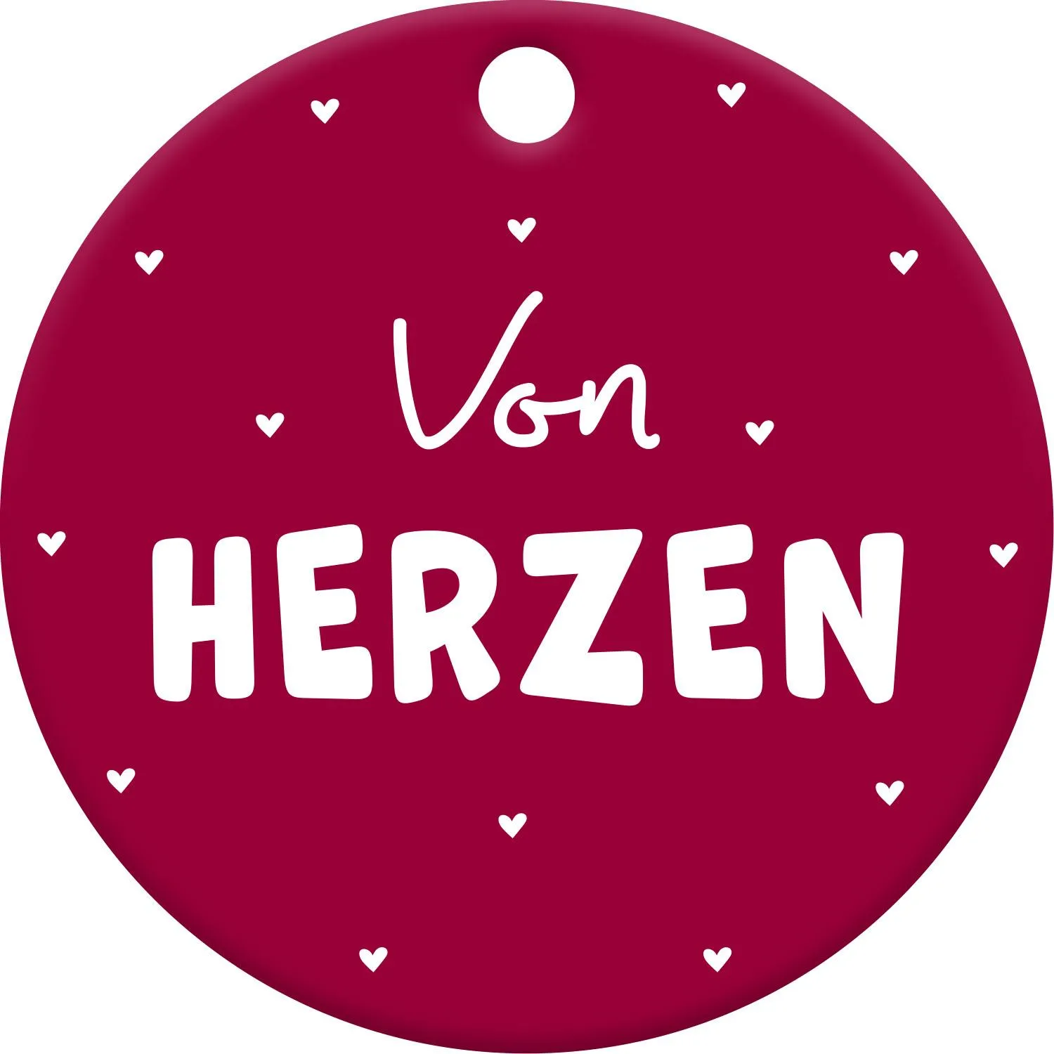 Runder magenta-farbener Geschenkanhänger mit weißem Schriftzug 'Von Herzen' und kleinen Herzen