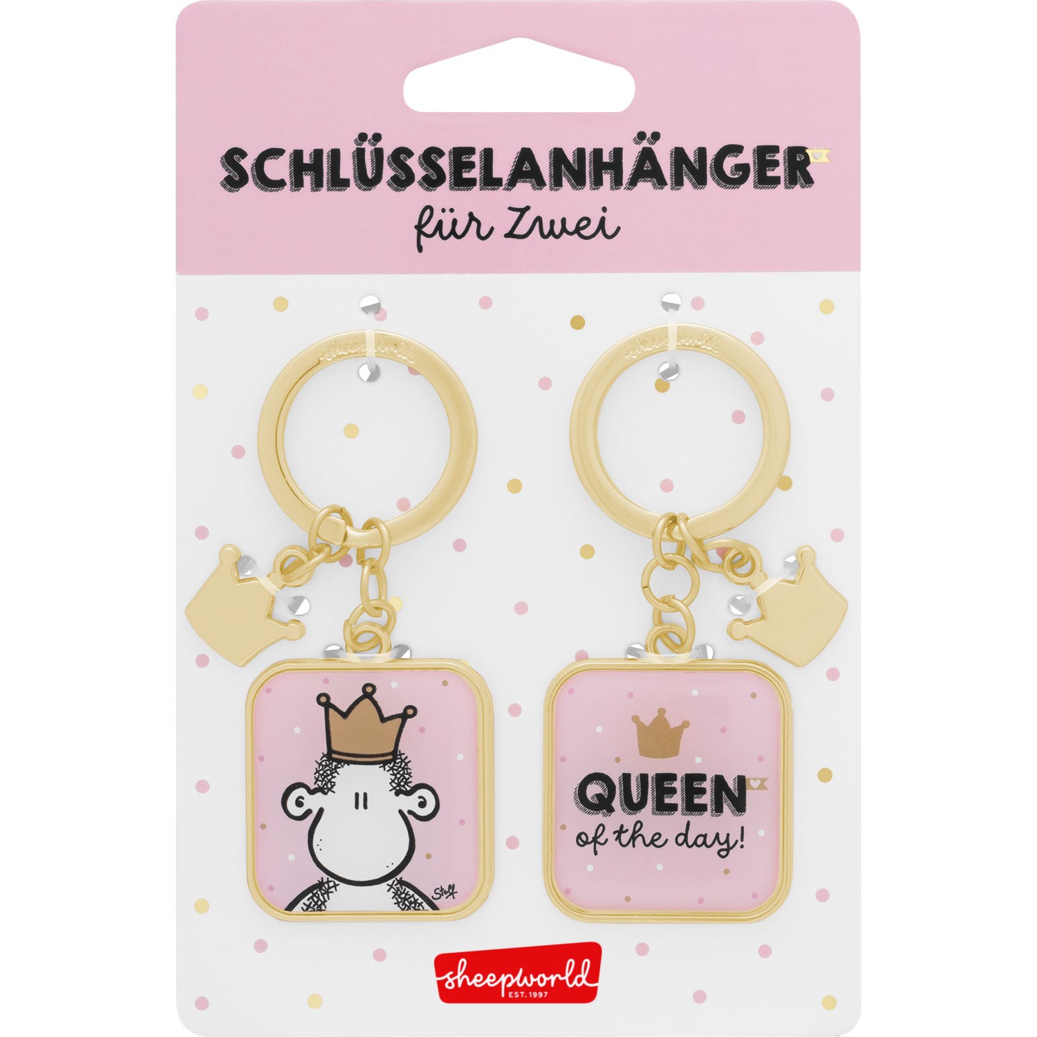 Paar-Schlüsselanhänger Queen – zwei goldene Ringe mit pinken Epoxy-Anhängern