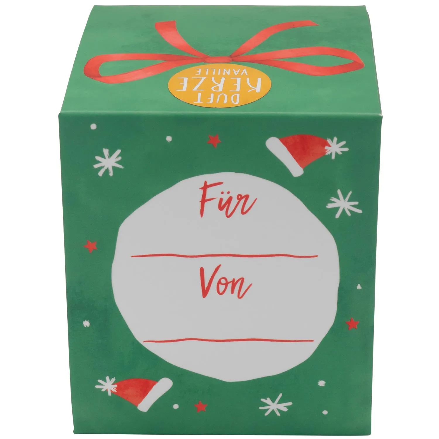 Grüne Geschenkbox mit roter Schleife; Duftkerze im Glas »Happy Christmas«