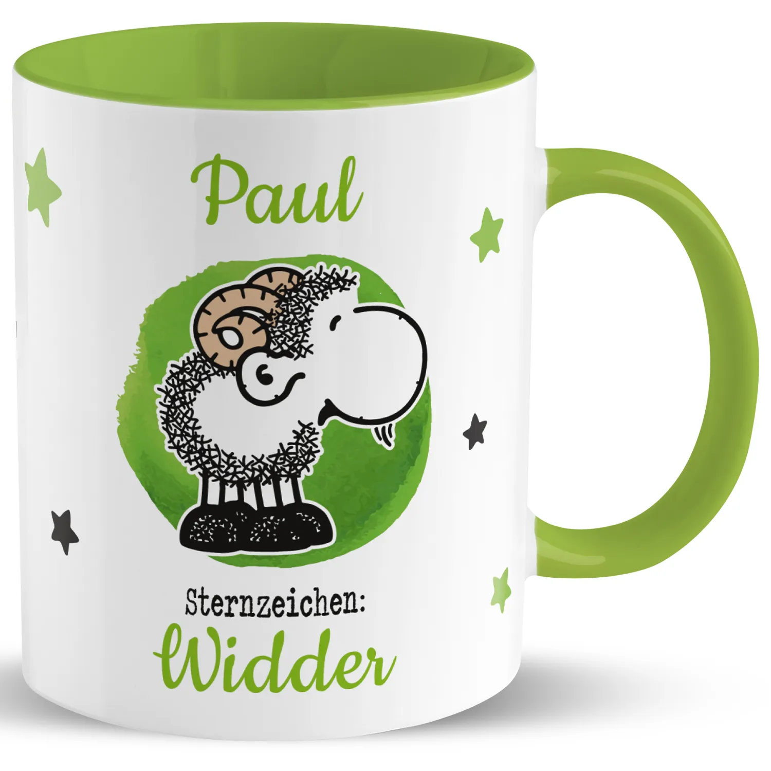 Weiße Keramik-Tasse mit grünem Innenrand, Cartoon-Schaf Paul, Widder-Sternzeichen