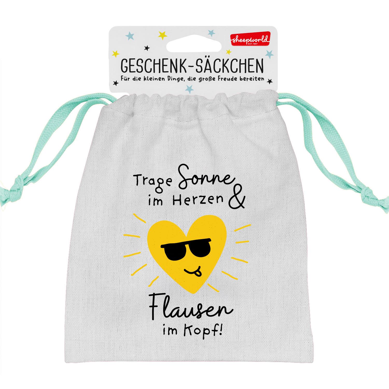 Canvas-Geschenksäckchen mit gelbem Herz-Sonnenmotiv und Mintgrünen Zugbändern