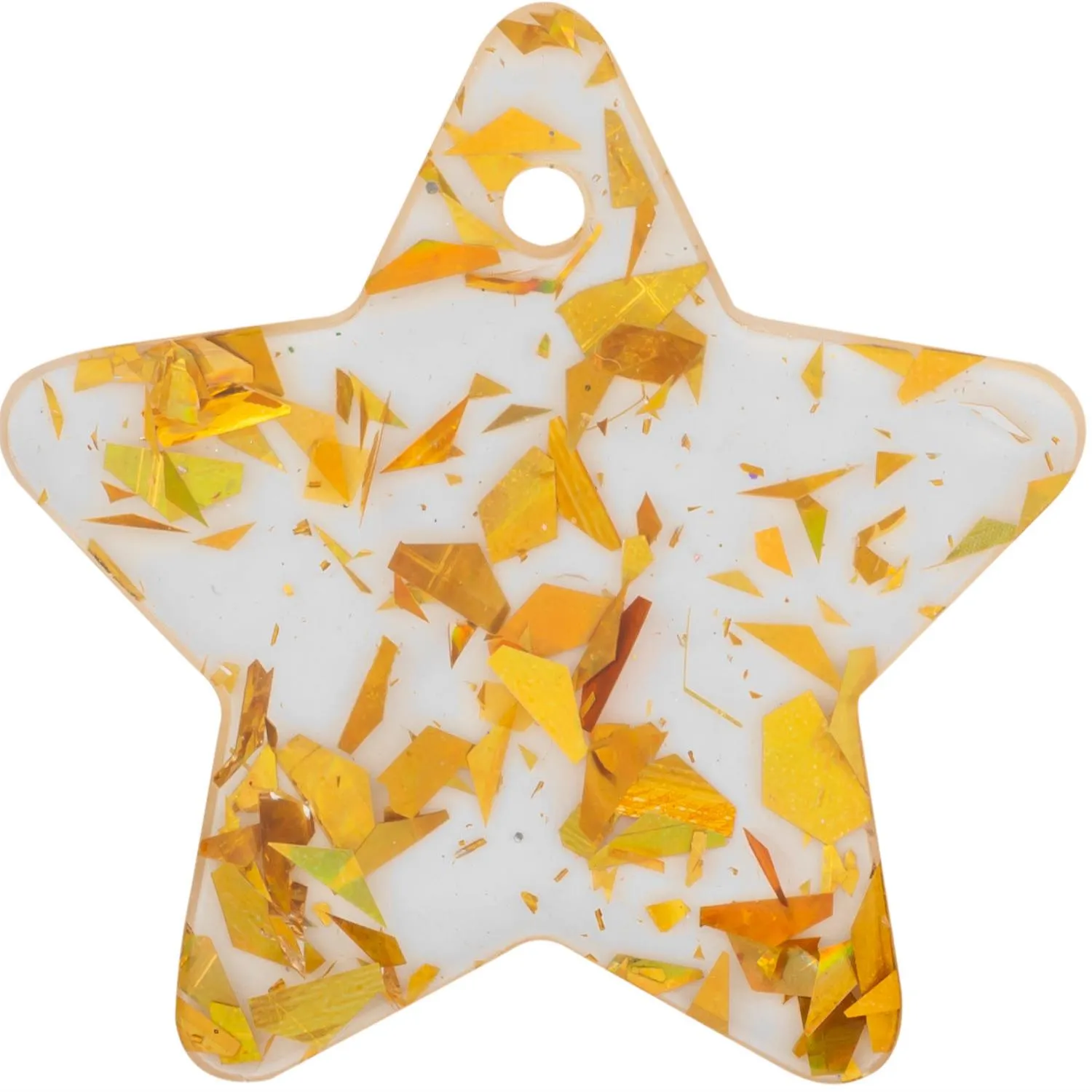 Sternförmige Dekoration mit goldenen Glitzerstücken in transparentem Kunststoff