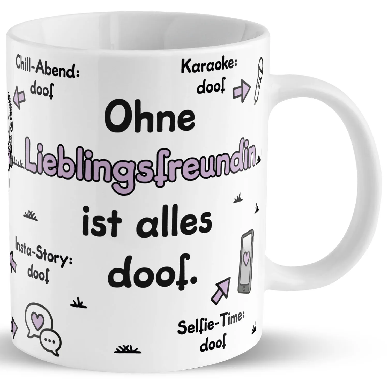 Weiße Porzellan-Tasse mit Spruch: Ohne Lieblingsfreundin ist alles doof.