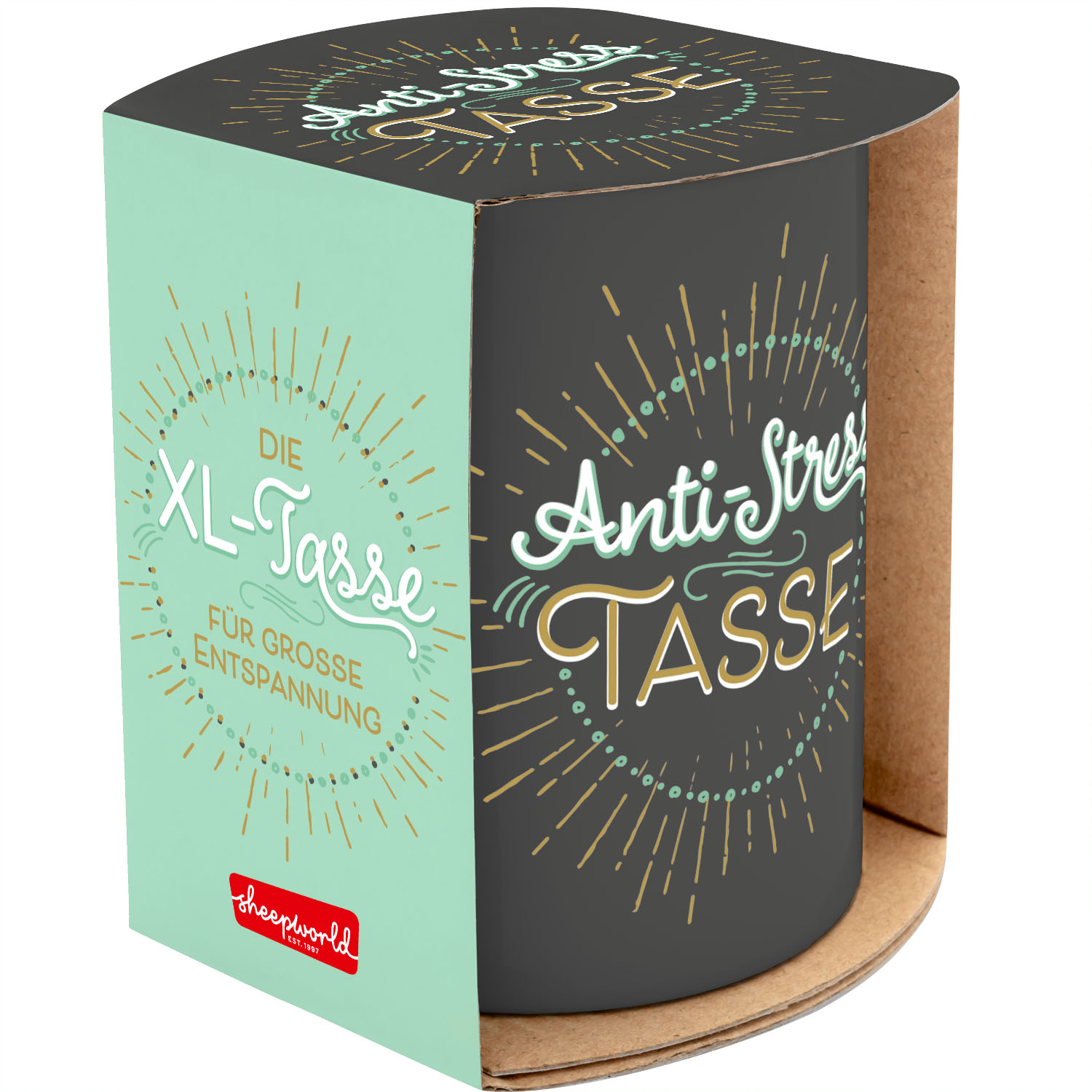 XL-Tasse Anti-Stress in Dunkelgrau mit Golddruck und Pastellmint-Verpackung
