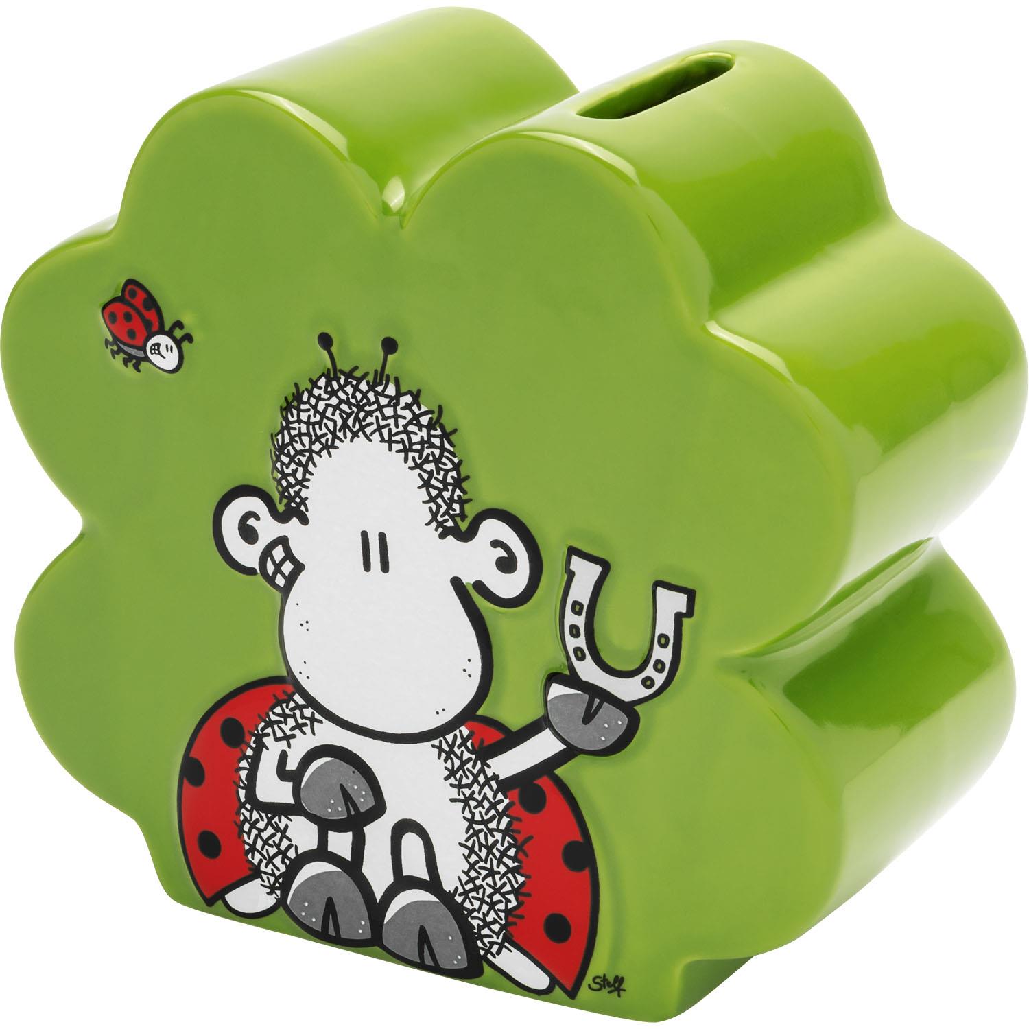 Grüne Porzellan-Spardose in Kleeblattform mit Monkey-Motiv und Glückssymbolen.