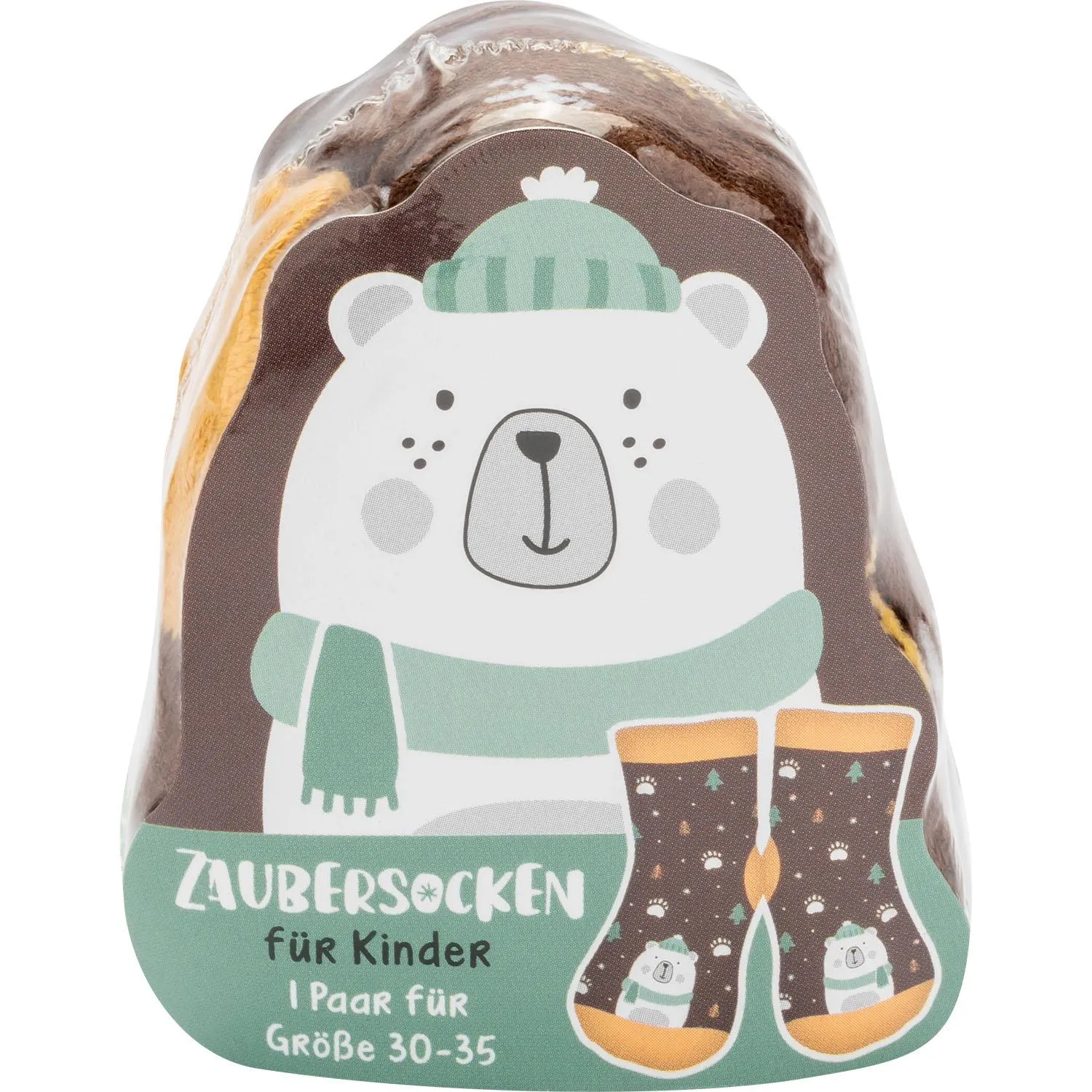Zaubersocken für Kinder mit Eisbär-Motiv in Braun-Grün, verpackt