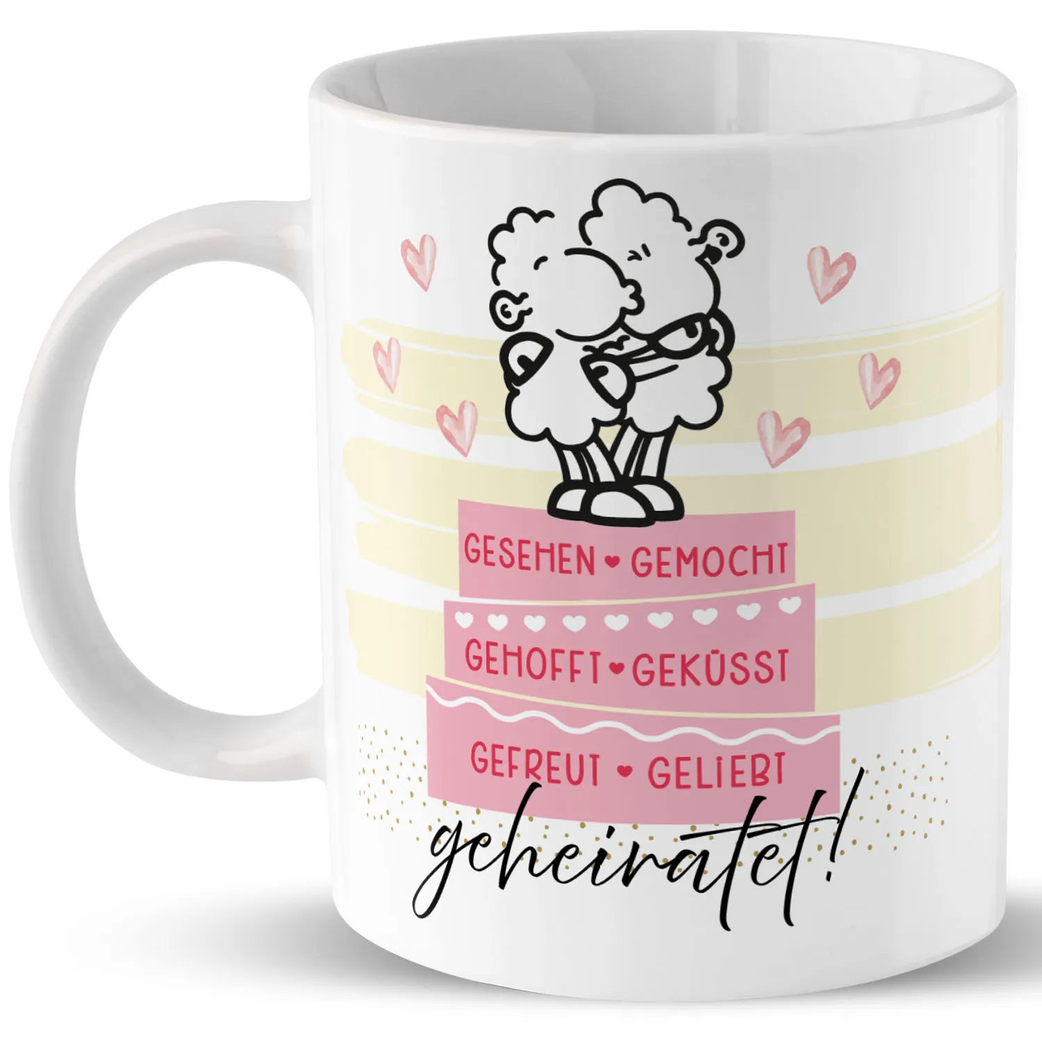 Weiße Porzellan-Tasse mit zwei sich küssenden Schäfchen, Pastellbändern und Herzmotiven.