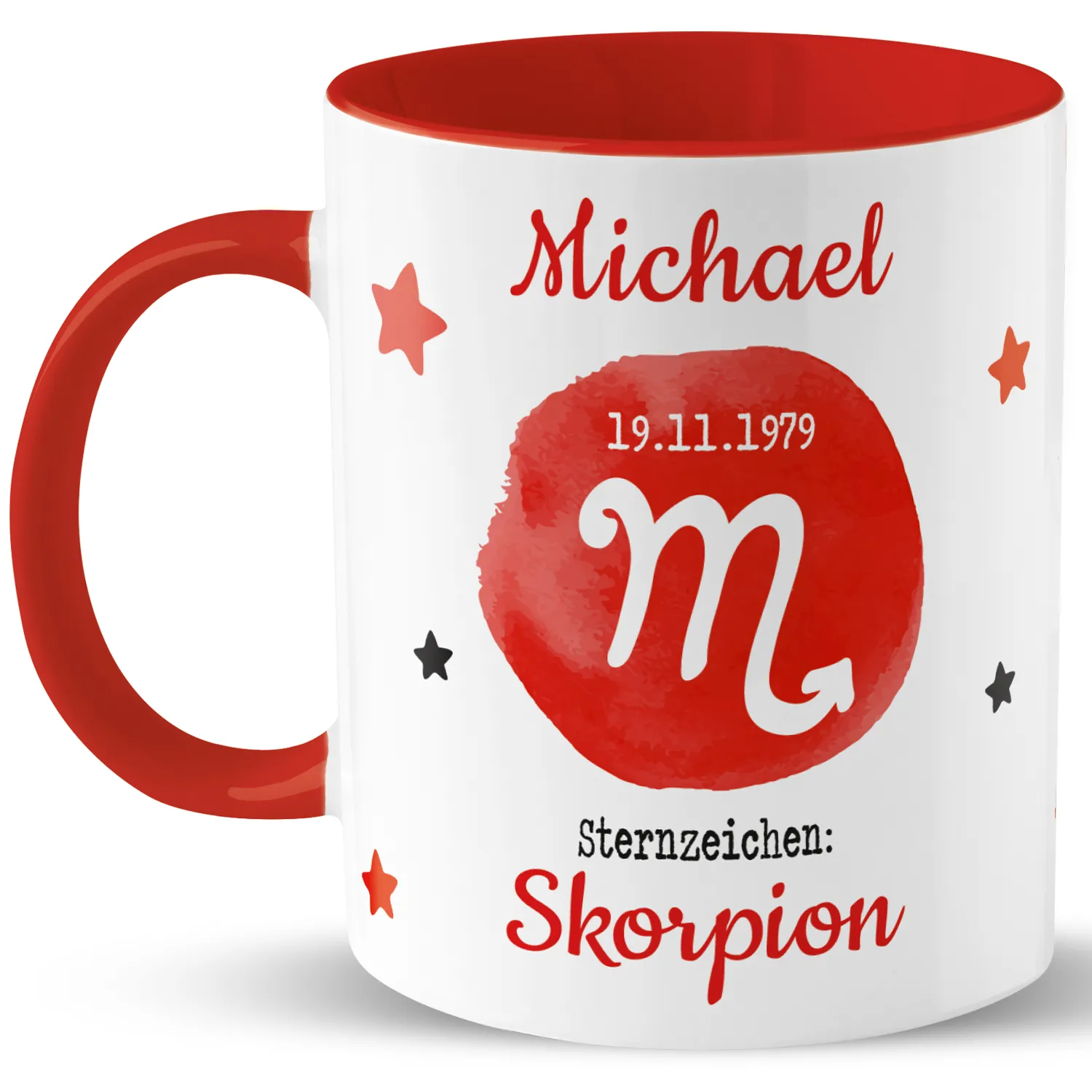 Weiße Porzellan-Tasse mit rotem Innenraum, Name Michael, Skorpion, 19.11.1979