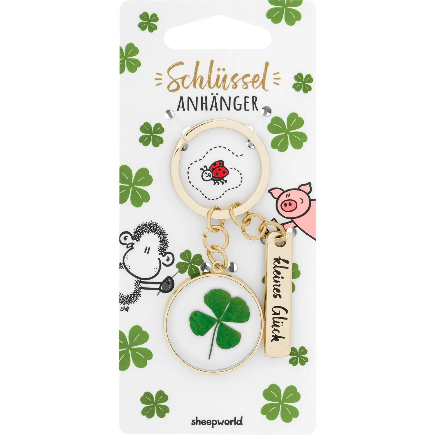 Schlüsselanhänger Glück mit Kleeblatt im weißen Kreis und goldenem Anhänger