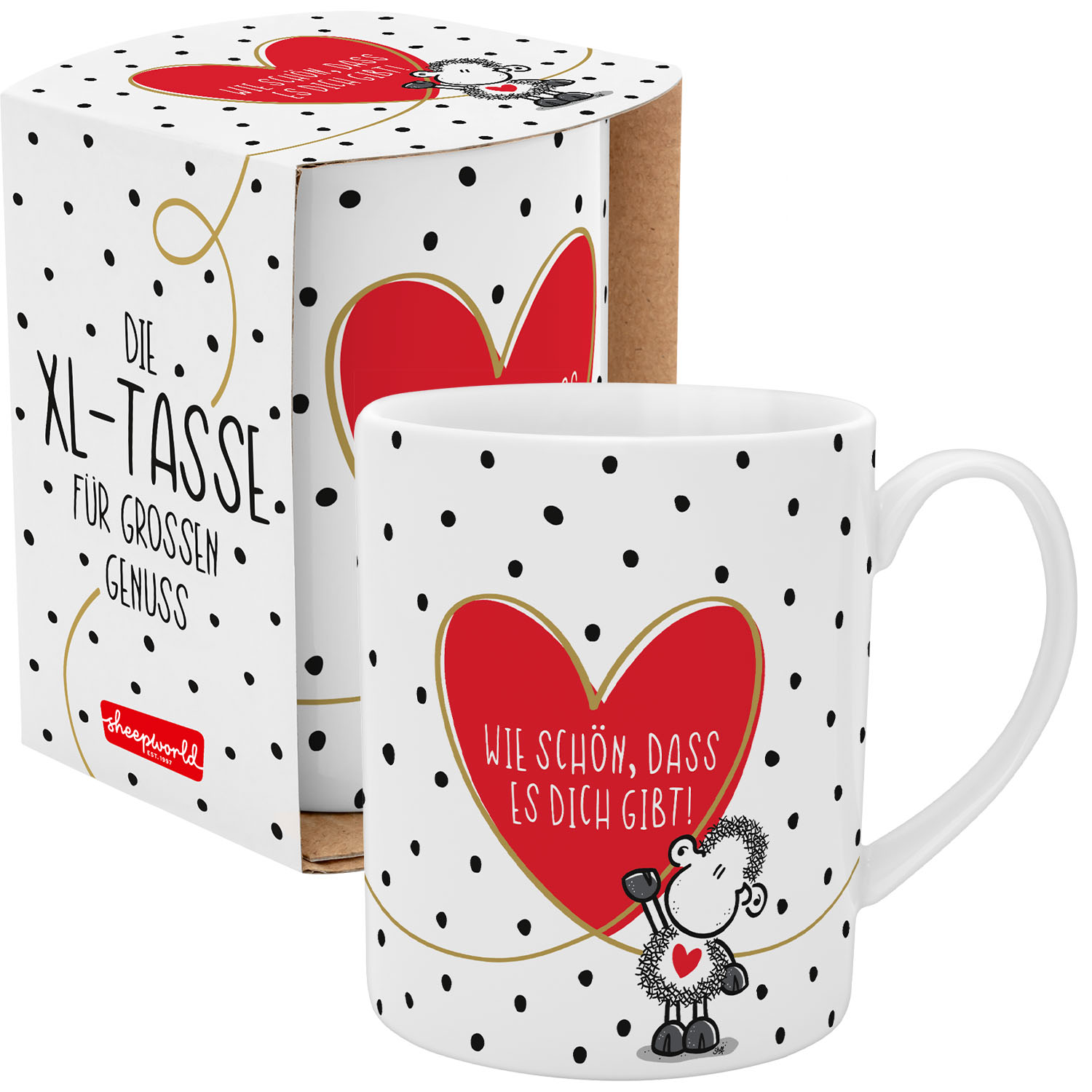 Weiße XL-Tasse mit rotem Herzmotiv und Schäfchen, gepunktet, Geschenkverpackung