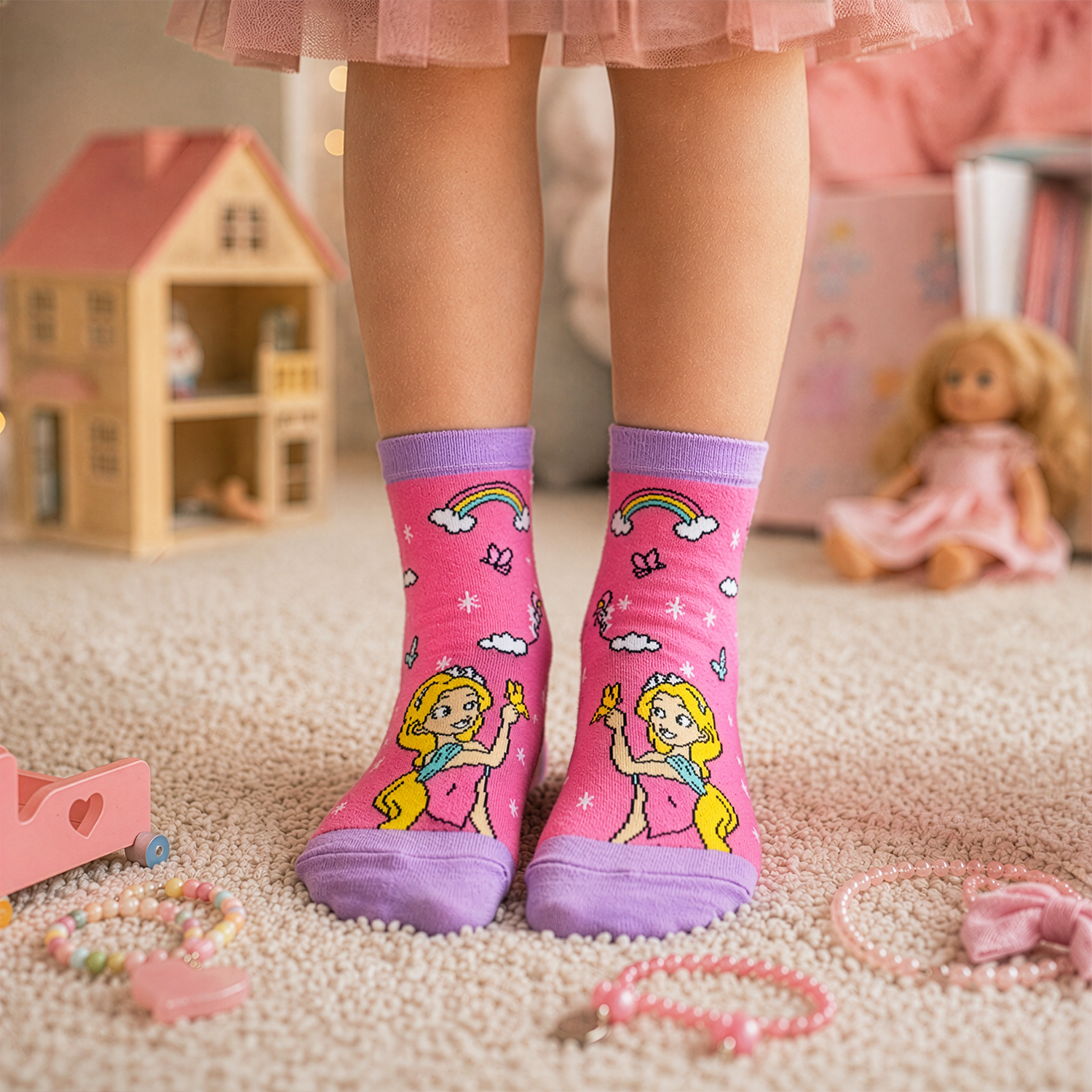 Rosa Zaubersocken Prinzessin mit Regenbogenmotiv und Wolken