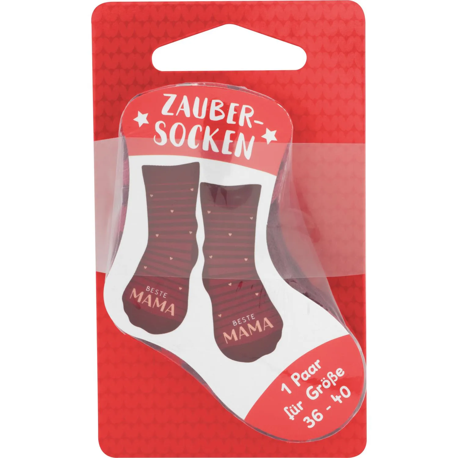 Rote Zaubersocken 'Beste Mama' mit Herzchenmotiv auf Verpackung