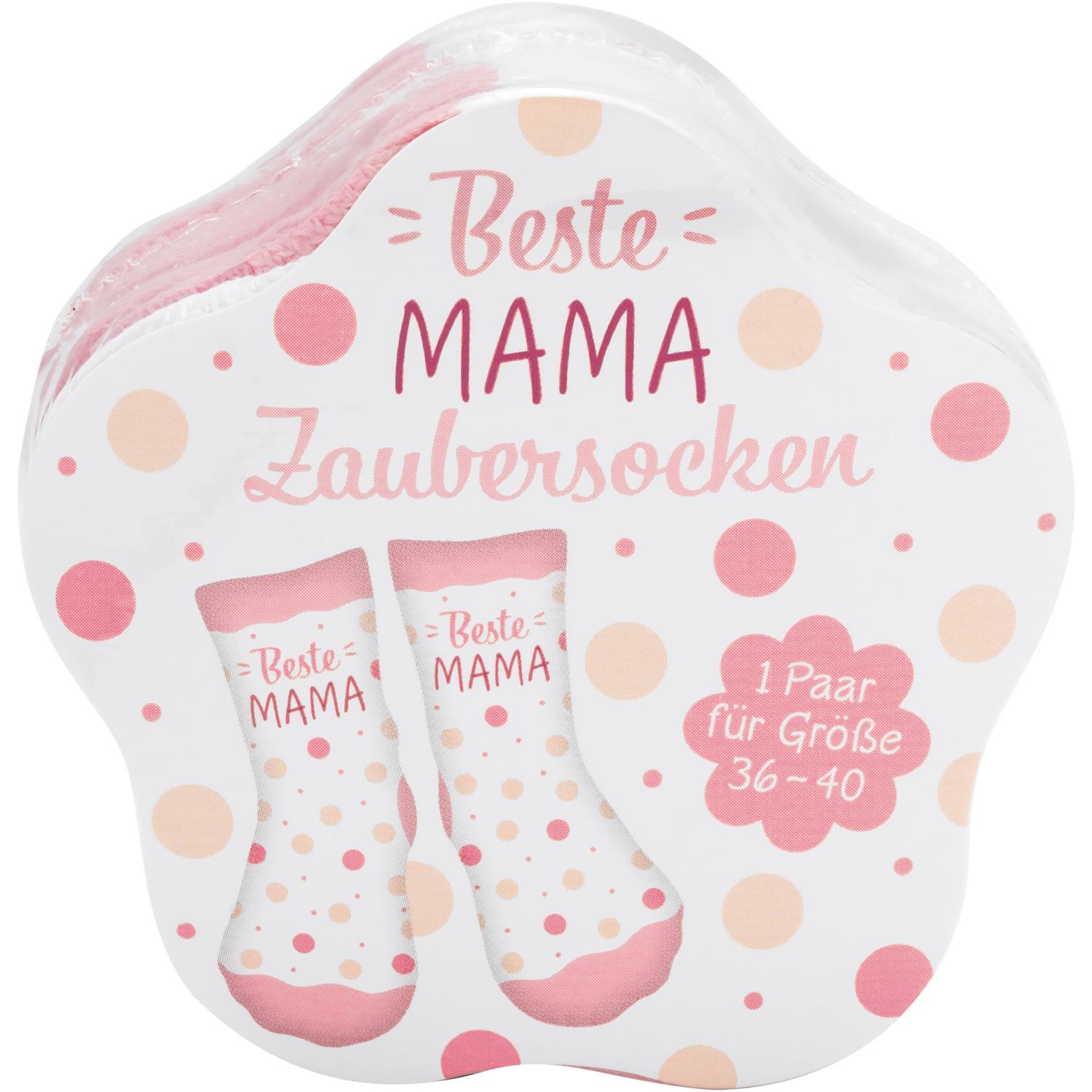 Weiße Zaubersocken mit rosa- und pfirsichfarbenen Punkten und dem Schriftzug Beste Mama.