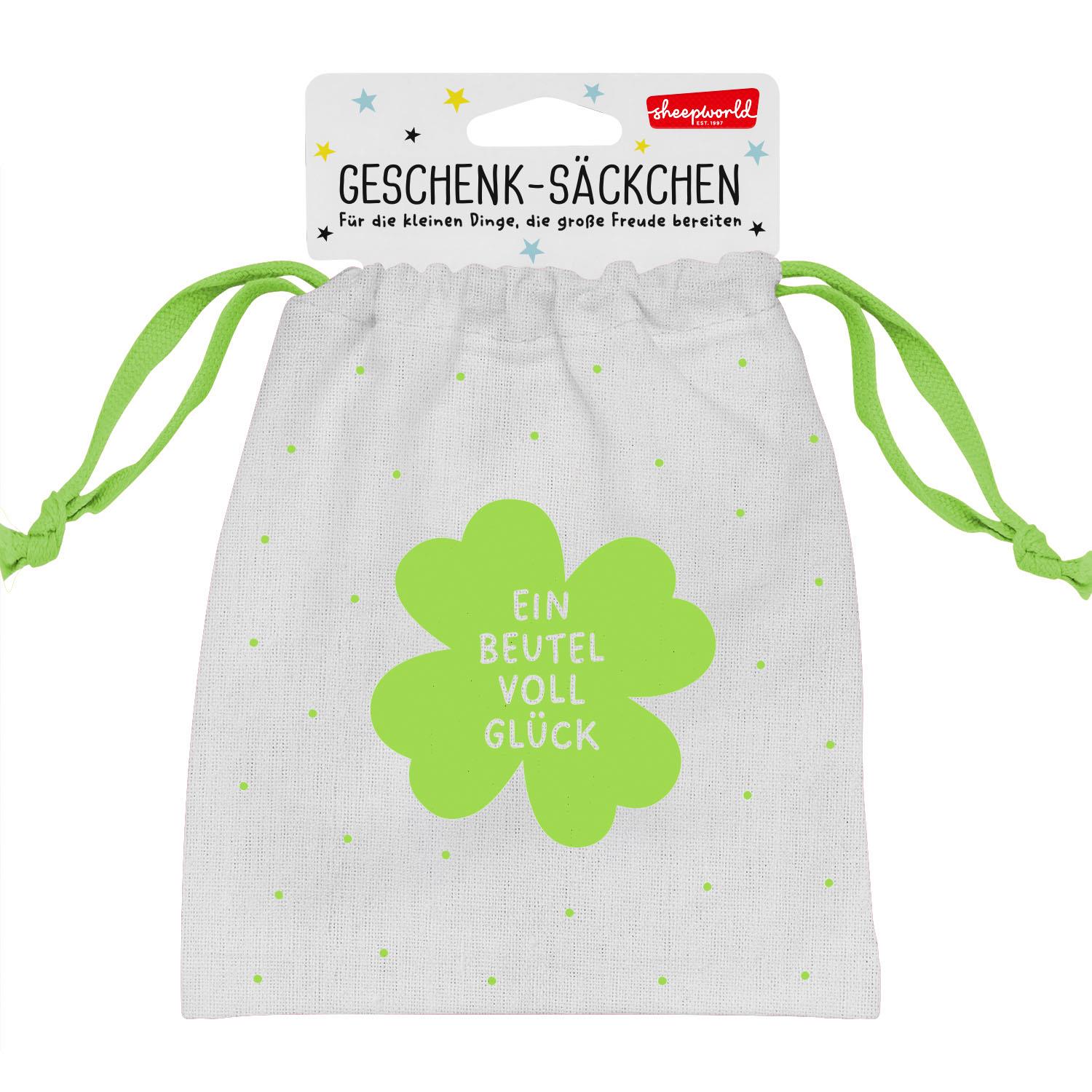 Hellgraues Canvas-Säckchen mit Neon-Grünem Kleeblatt-Motiv und Zugband.