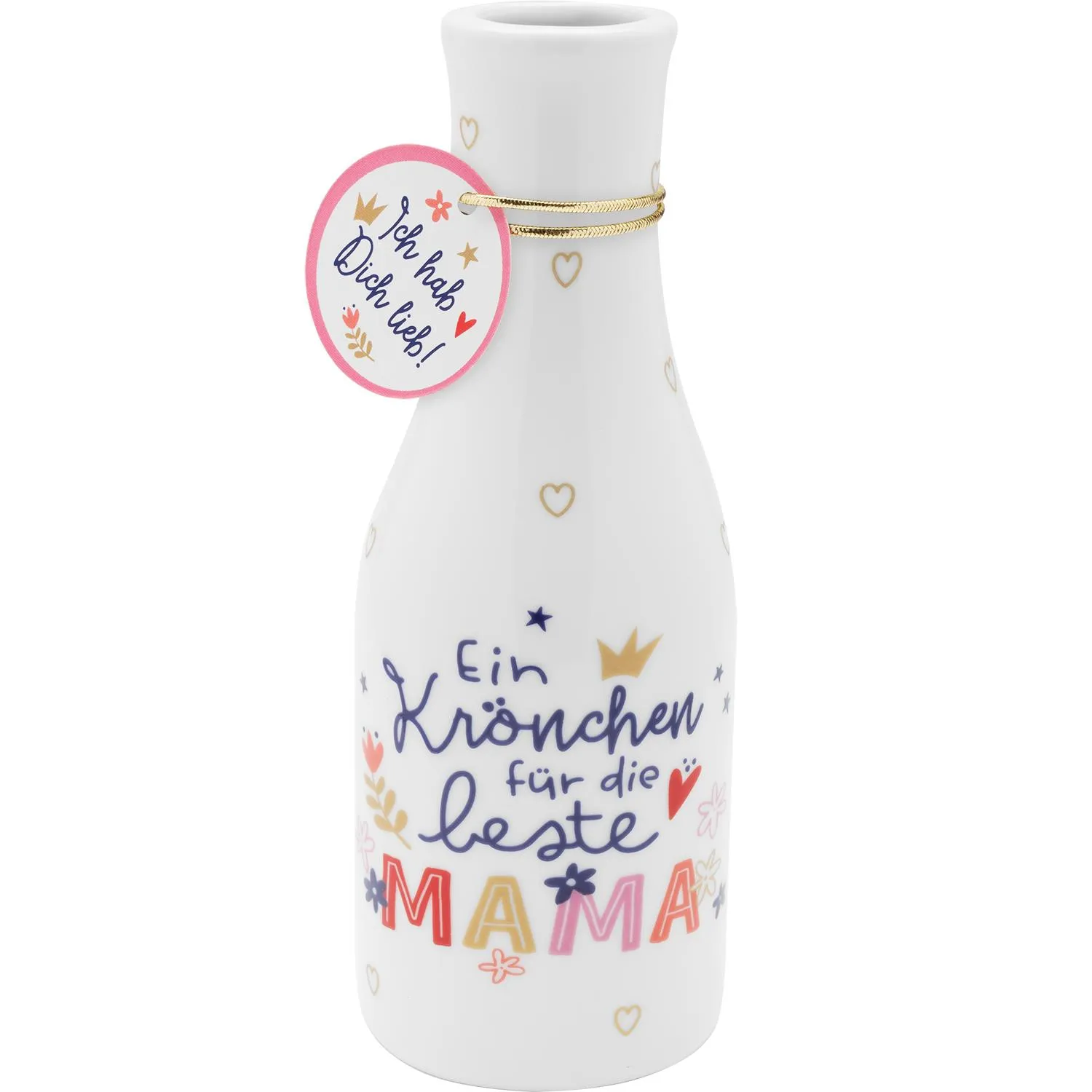 Weiße Porzellanvase mit Krönchen-Spruch 'Ein Krönchen für die beste MAMA' und Golddruck