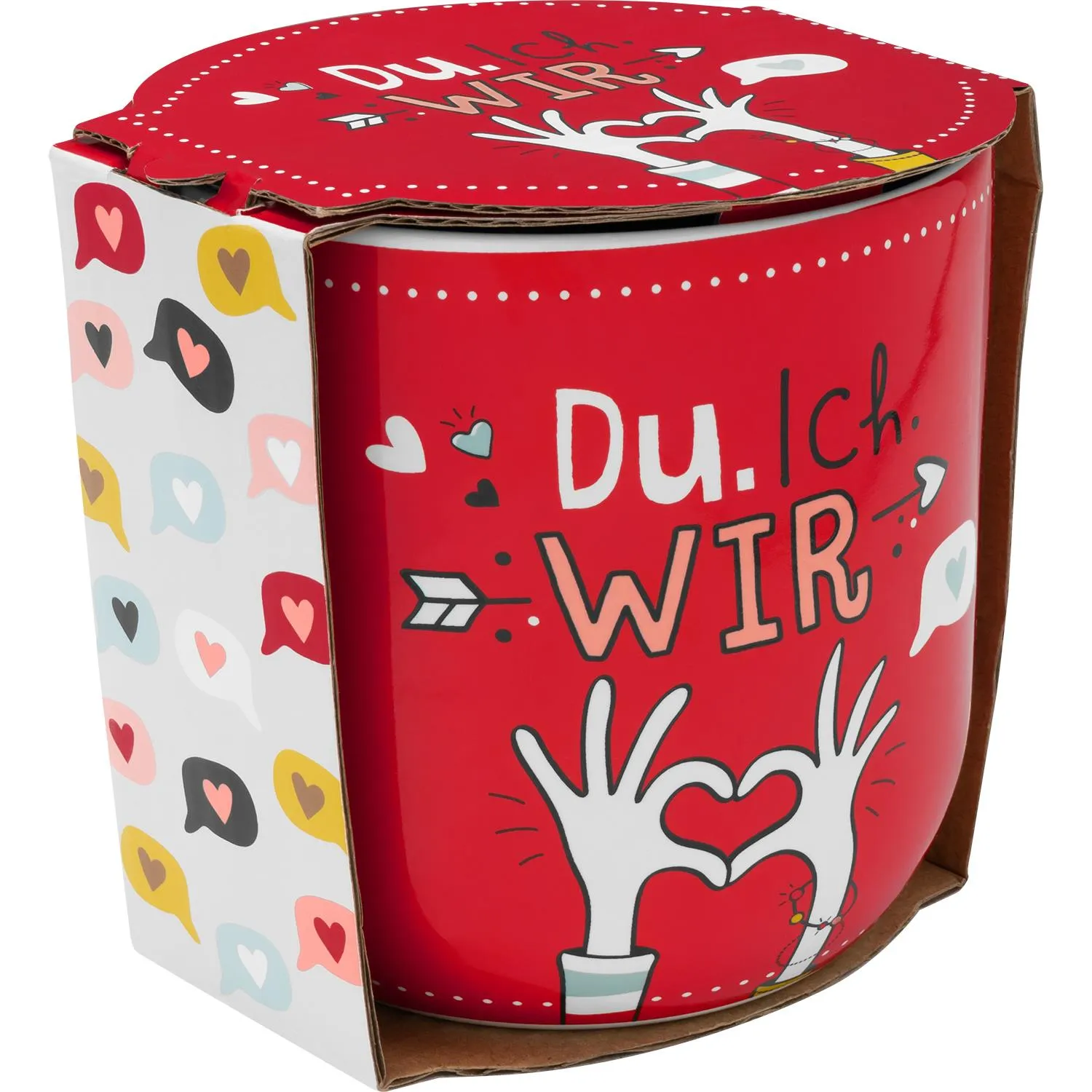 Rote Steinzeug-Tasse mit dem Spruch »Du.Ich.WIR« und Herz-Hand-Motiv