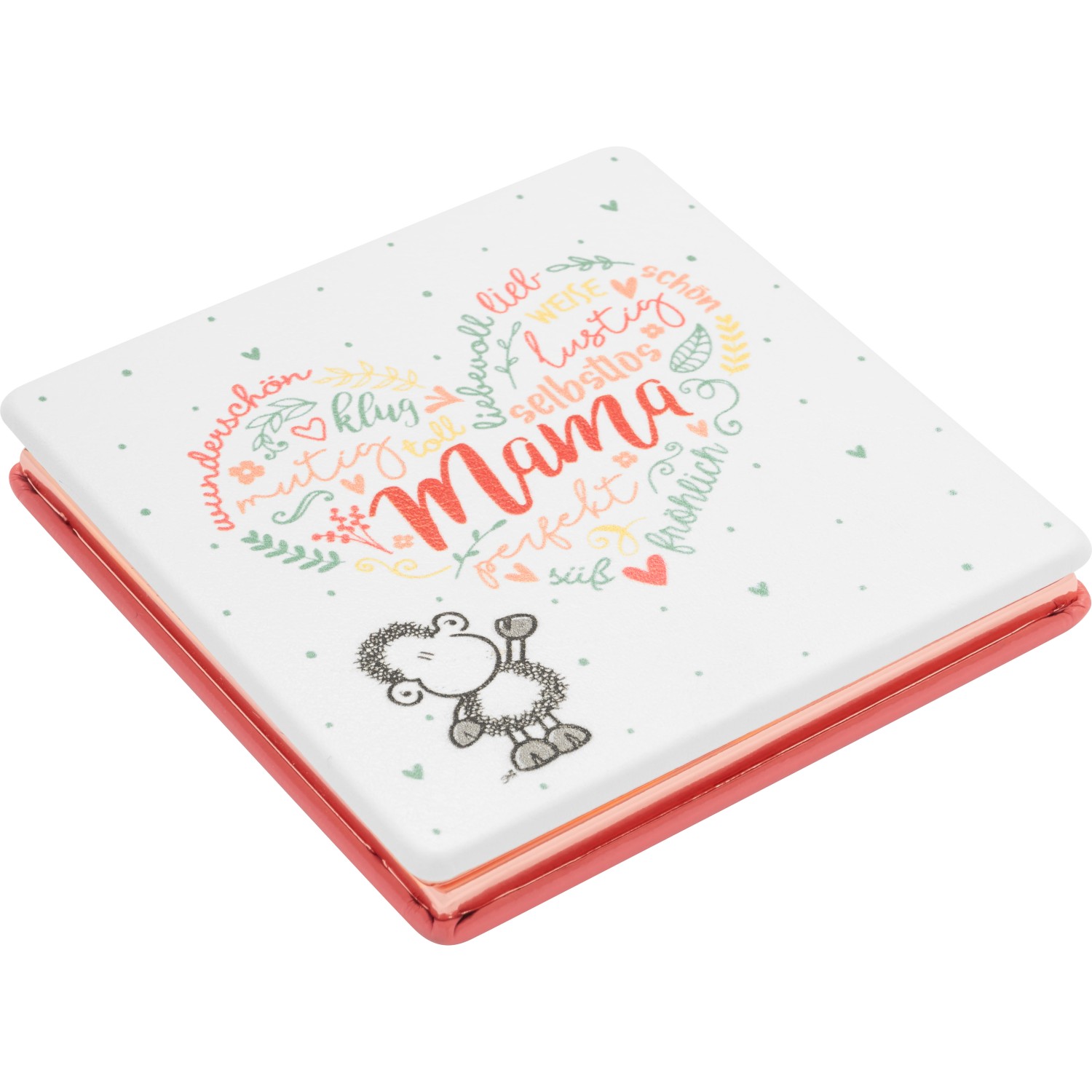 Kleiner Taschenspiegel mit Aufklappdeckel, Motiv Mama in bunten Farben, Schäfchen-Illustration, Metall/Kunstleder, 7,2 x 7,2 cm.