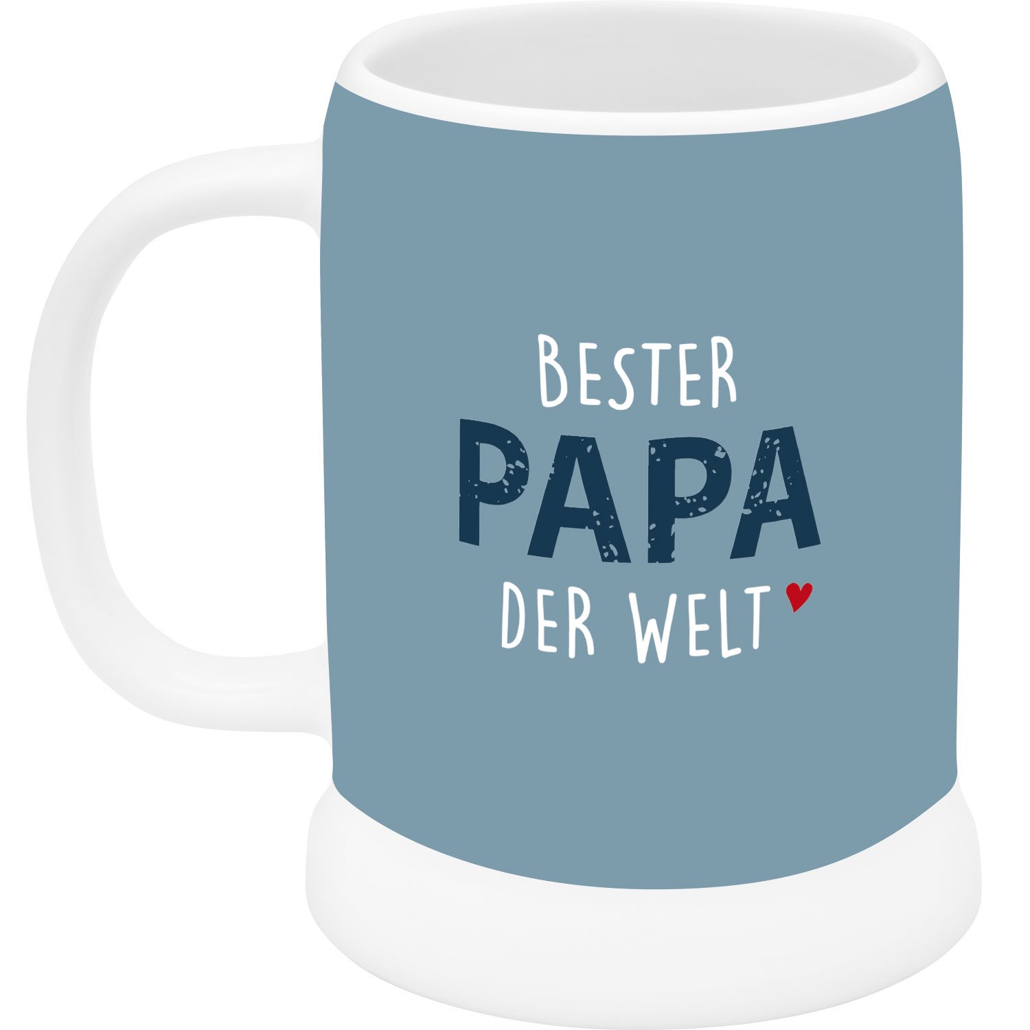 Blauer Bierkrug mit dem Spruch Best Papa Der Welt auf weißem Henkel.