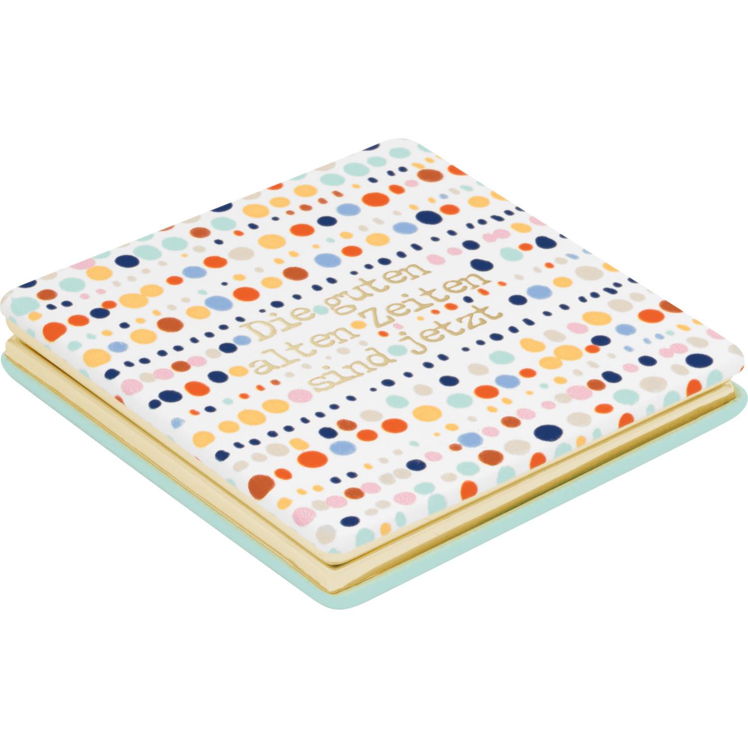 Kleiner Taschenspiegel mit buntem Punktedesign und Geschenkbox