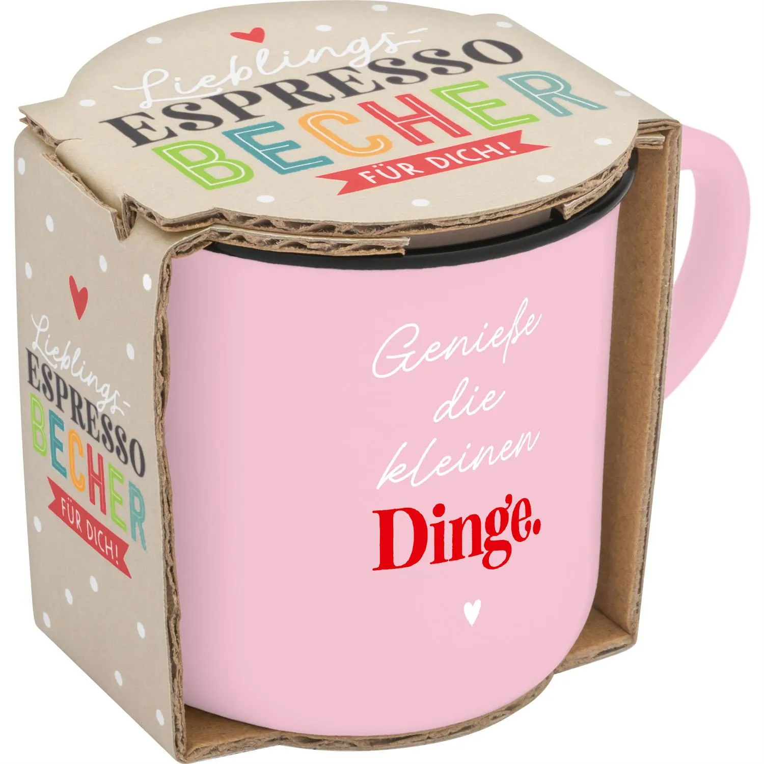 Espressobecher in Pastellrosa mit dem Spruch Genieße die kleinen Dinge