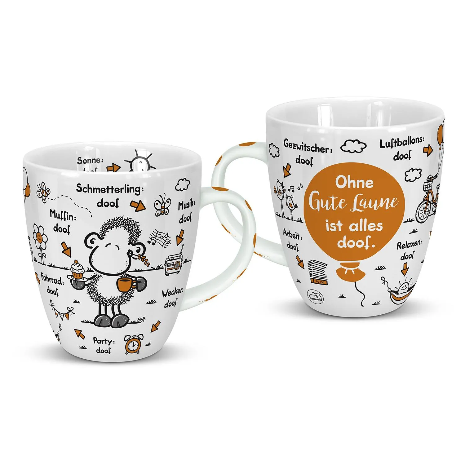 Zwei weiße Porzellan-Tassen mit Schäfchen-Illustrationen und dem Spruch 'Ohne Gute Laune ist alles doof'.