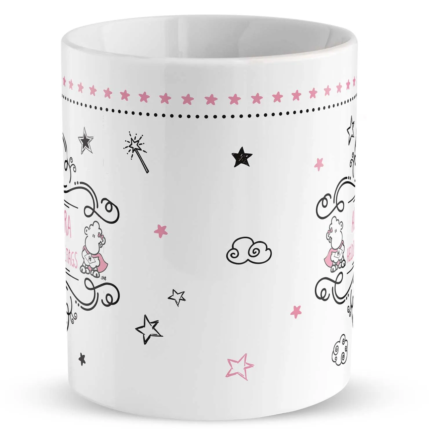Weiße Porzellan-Tasse mit Schaf- und Sternenmotiven, personalisierbar mit Wunschname