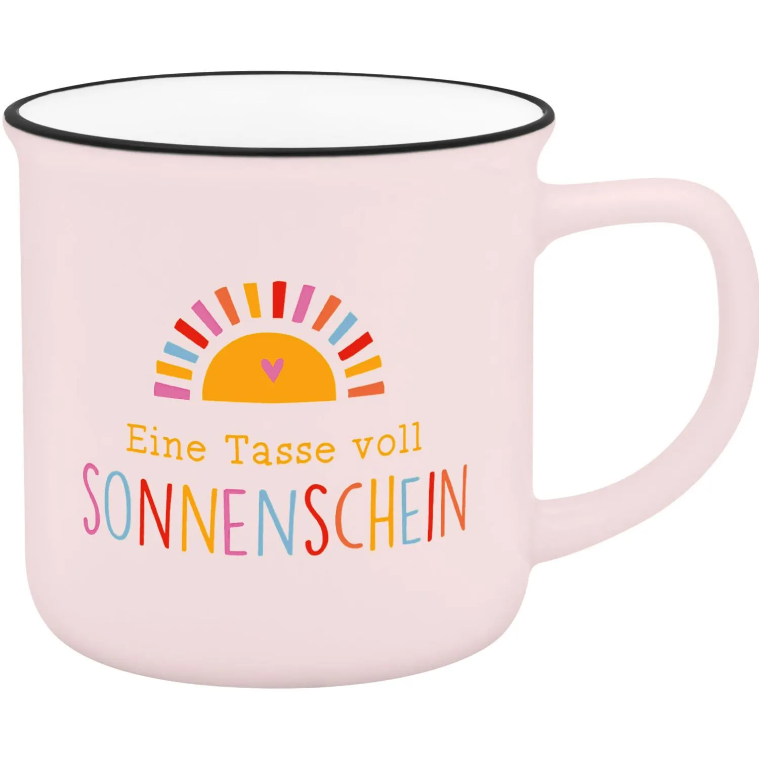 Rosa Lieblingsbecher mit Sonnenaufgang-Motiv und buntem Sonnenschein-Schriftzug