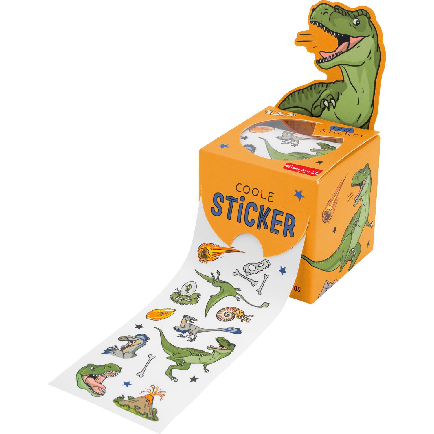 Dino-Stickerrolle auf orangener Box, 80 cm lange Stickerbahn mit Dinosaurier-Motiven