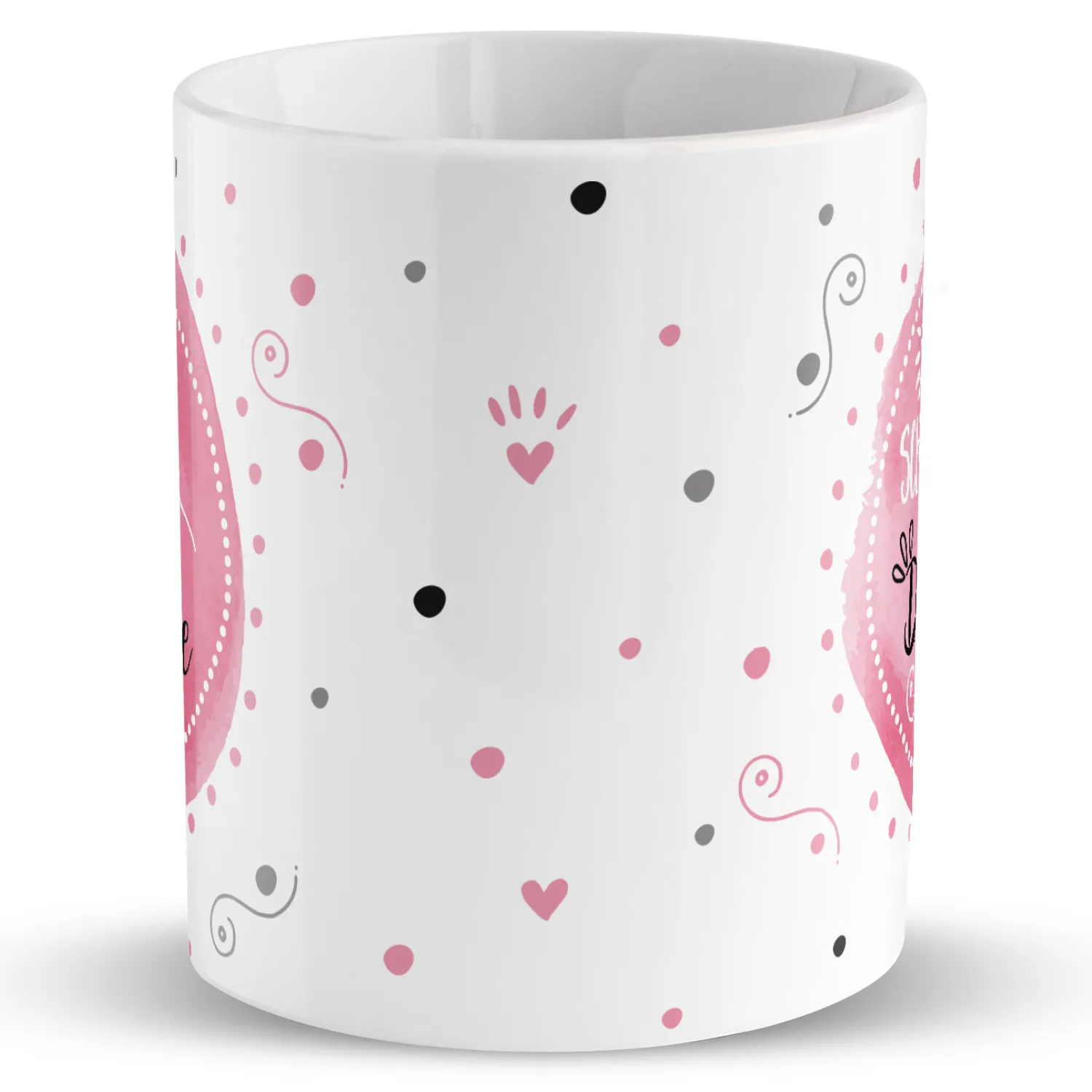 Weiße Porzellan-Tasse mit rosa Herzen und Punkten, personalisierbar mit Namen