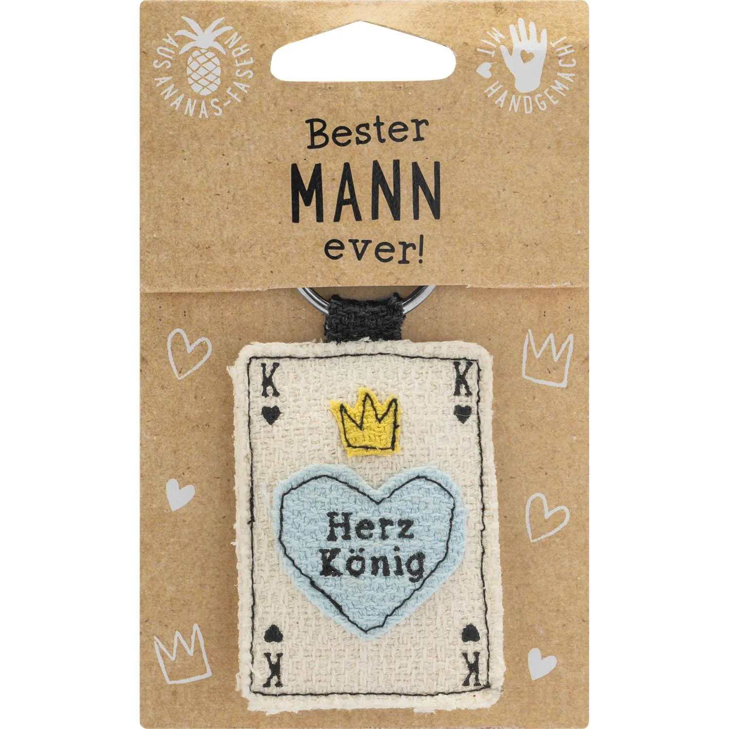 Schlüsselanhänger Herz König aus Ananasblattfaser mit Metallring auf Headercard