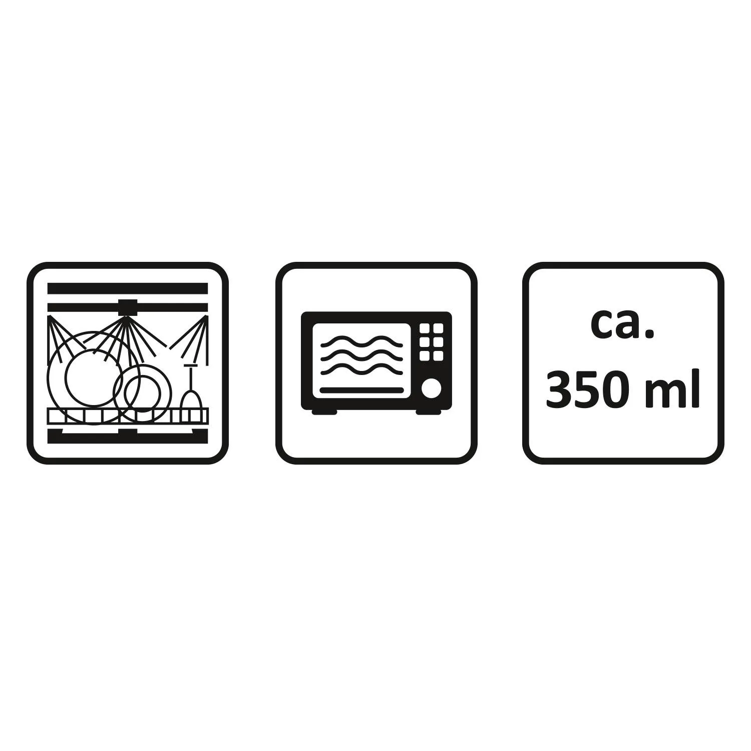 Schwarz-weiße Piktogramm-Reihe: Spülmaschine, Mikrowelle, Kapazität ca. 350 ml.