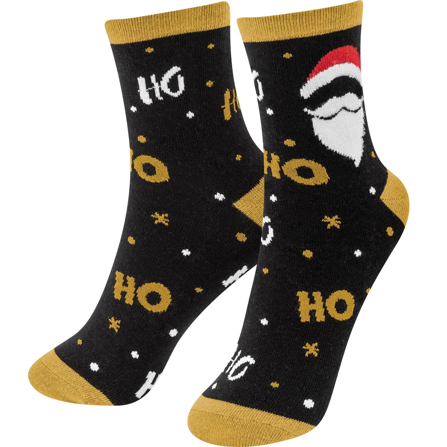 Schwarze Zaubersocken mit HO HO HO Schriftzug, Santa-Hut und goldenen Akzenten