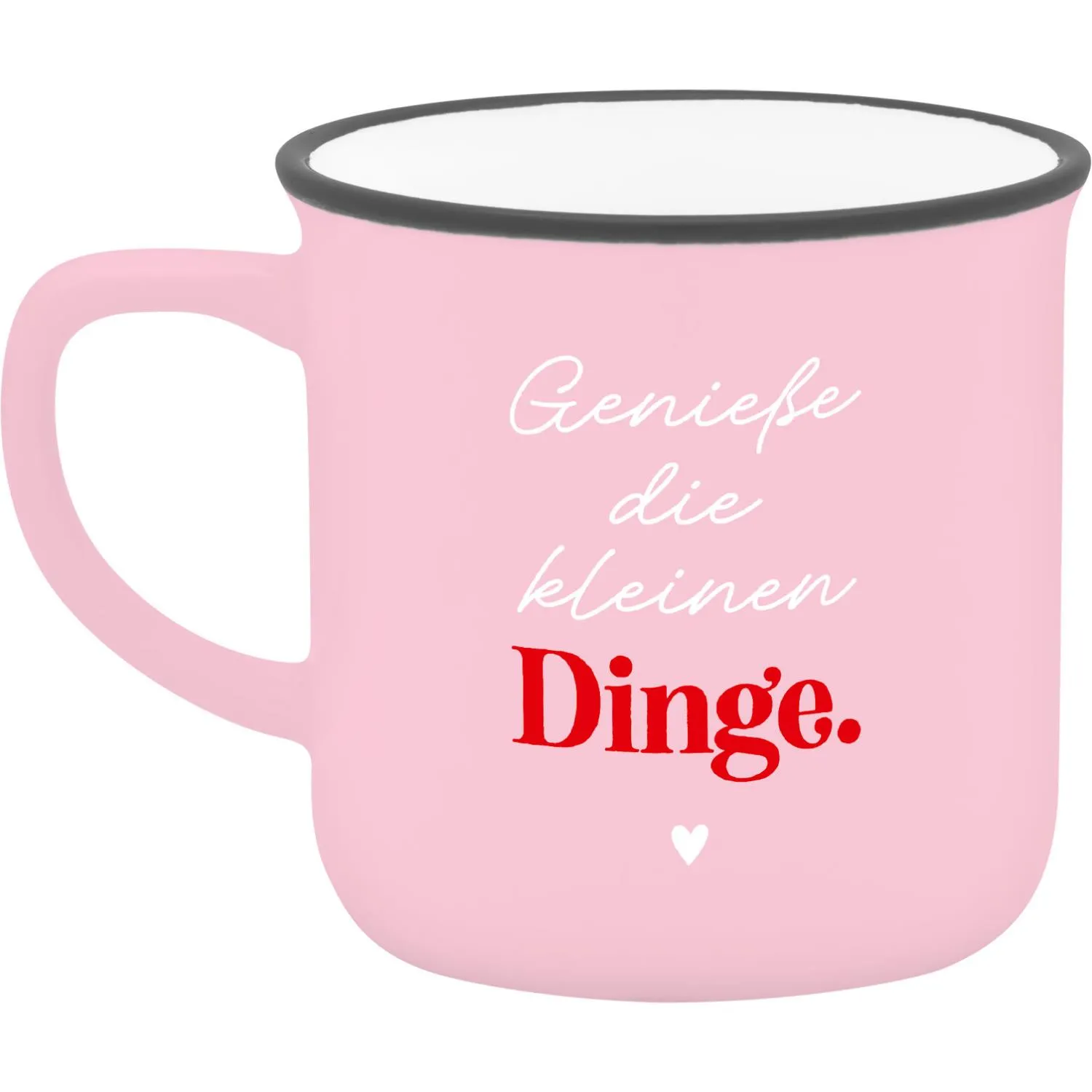 Rosa Espressobecher mit weißem Schriftzug Genieße die kleinen Dinge und kleinem Herz.