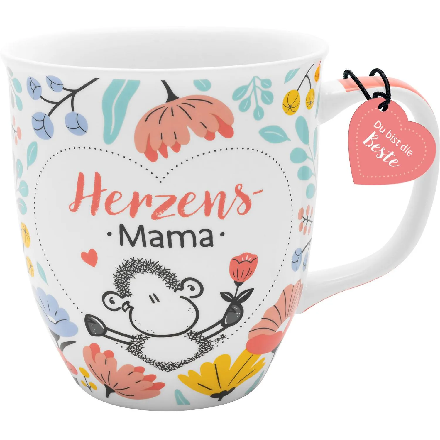 Pastellfarbene Tasse mit Herzmotiv 'Herzens-Mama' und Monkey
