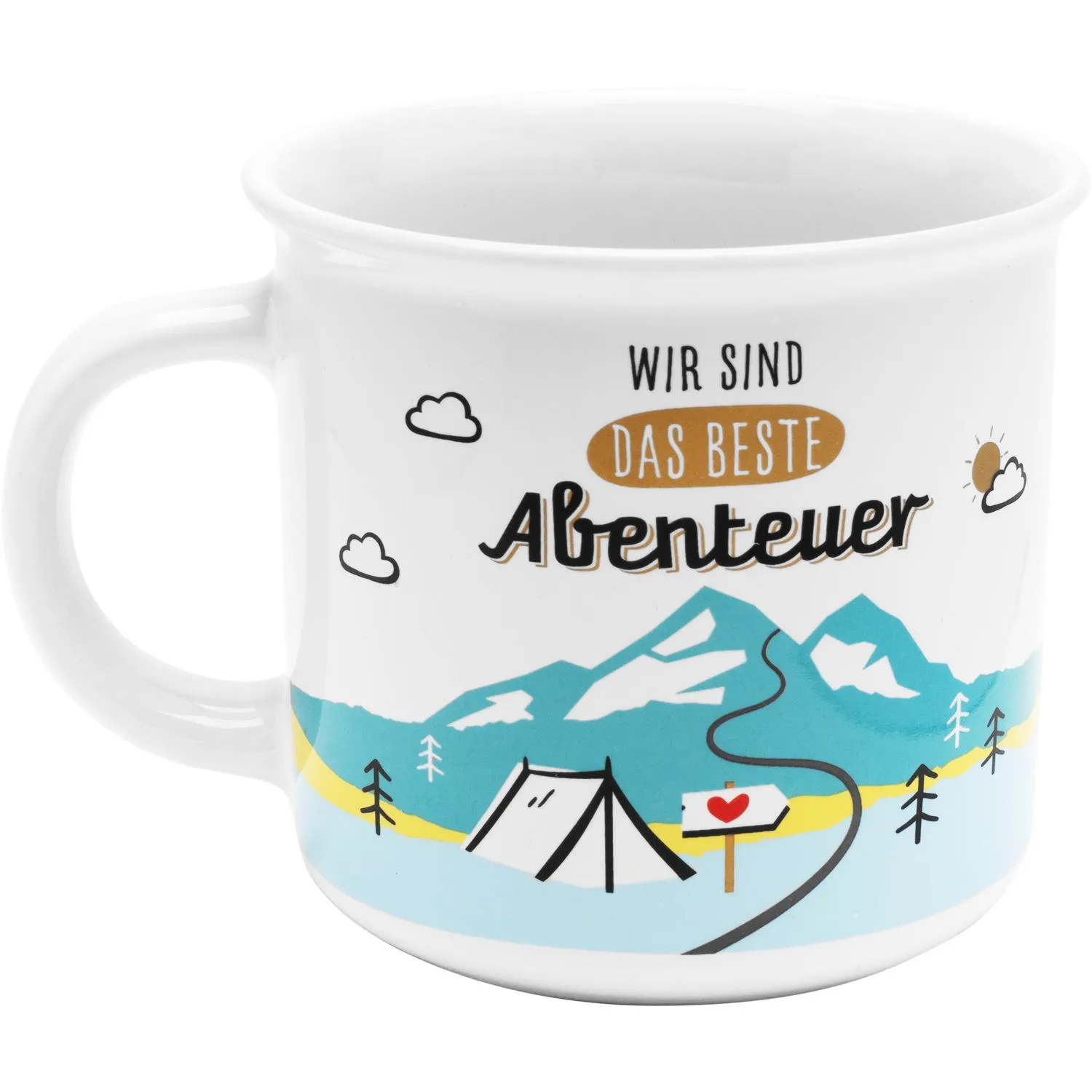 Weiße Keramiktasse mit farbigem Camping-Motiv: Zelt, Berge und Straße.