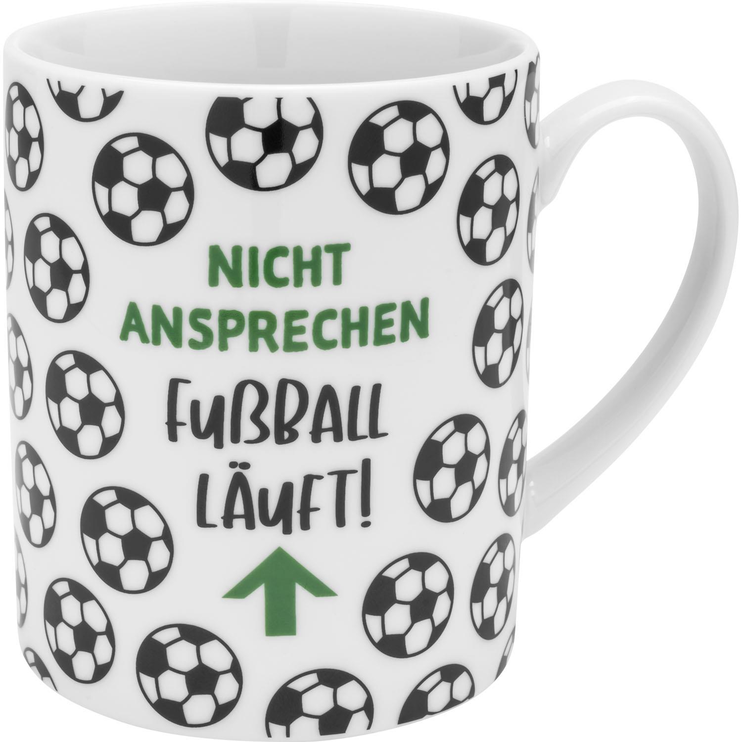Weiße XL-Tasse mit Fußballbällen und grünem Spruch