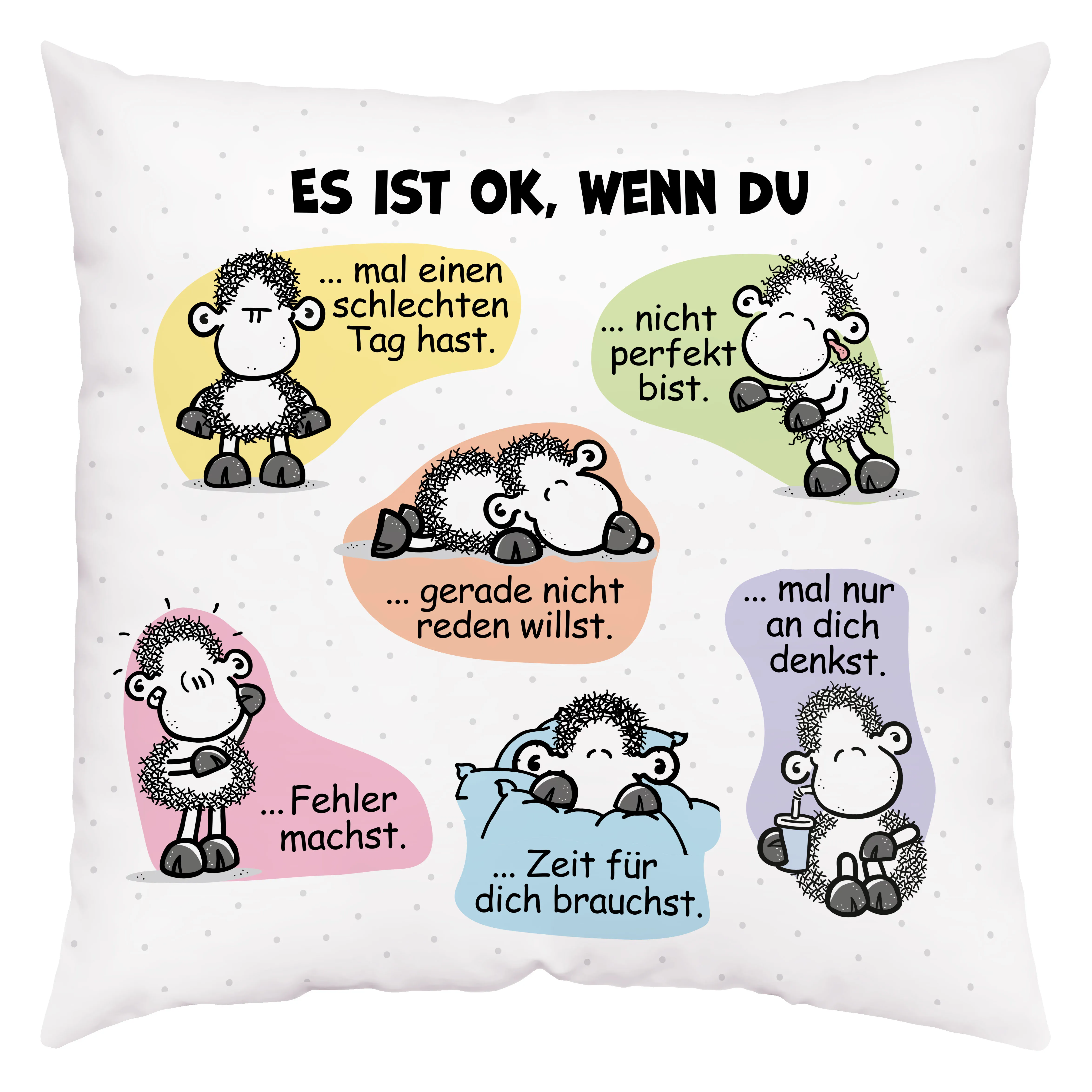 Pastellfarbenes Kissen mit Schaf-Illustrationen auf weißem Hintergrund