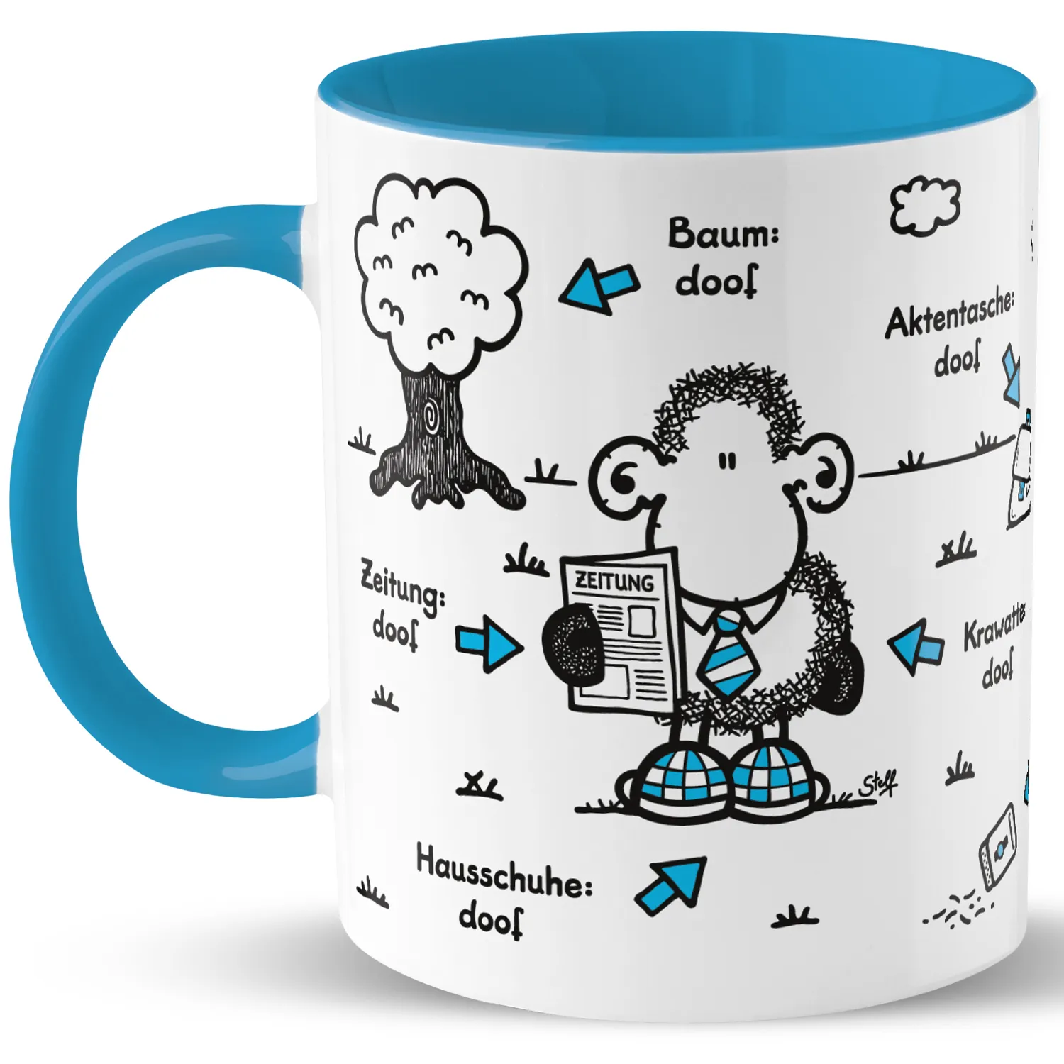 Personalisierte Porzellankaffeetasse mit blauem Innenraum und humorvollem Cartoon-Motiv.