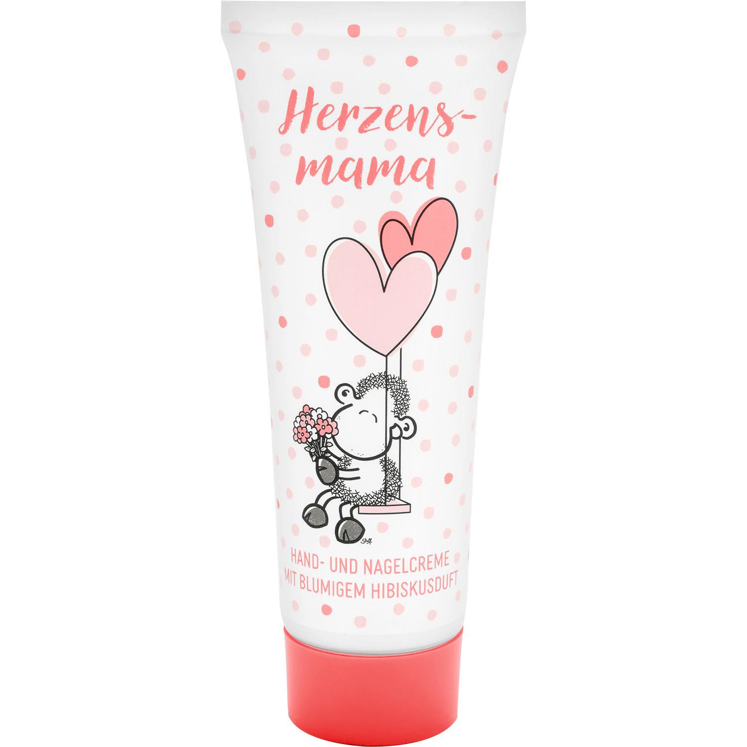 Handcreme »Herzensmama« in weißer Tube mit rosa Punkten, Herzballon-Motiv und rosarotem Deckel.