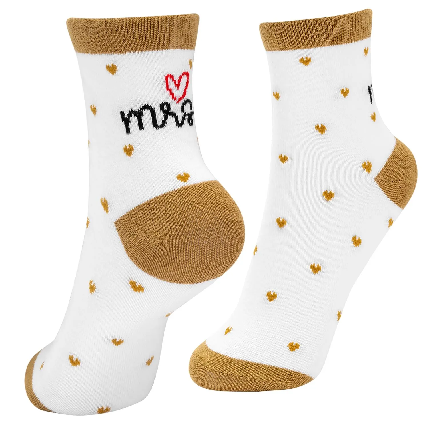 Zwei weiße Zaubersocken mit braunen Zehen und Fersen, Herzmotiv und Schriftzug Mr.