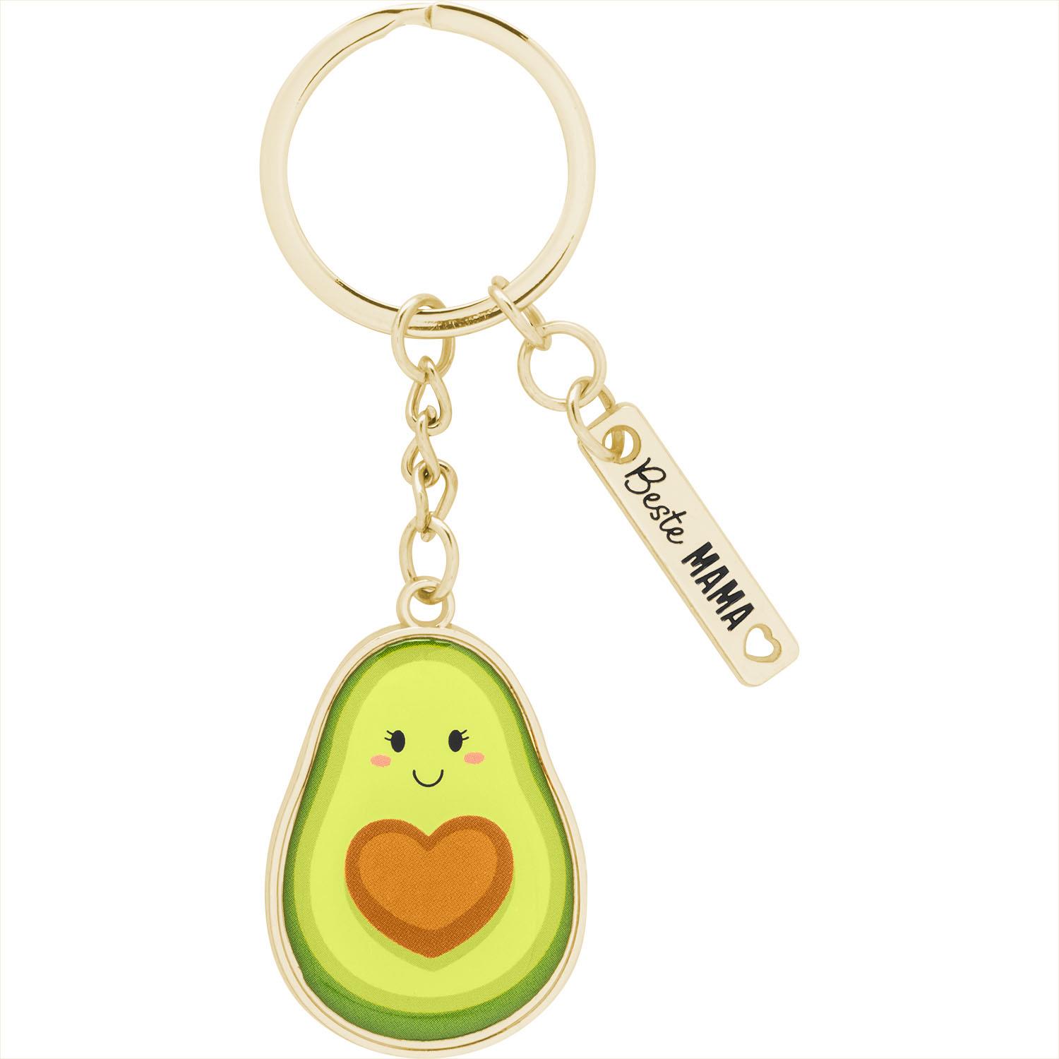 Goldfarbener Schlüsselanhänger mit Avocado-Motiv und Herz, Namensplakette 'Beste MAMA' – Paar-Design.