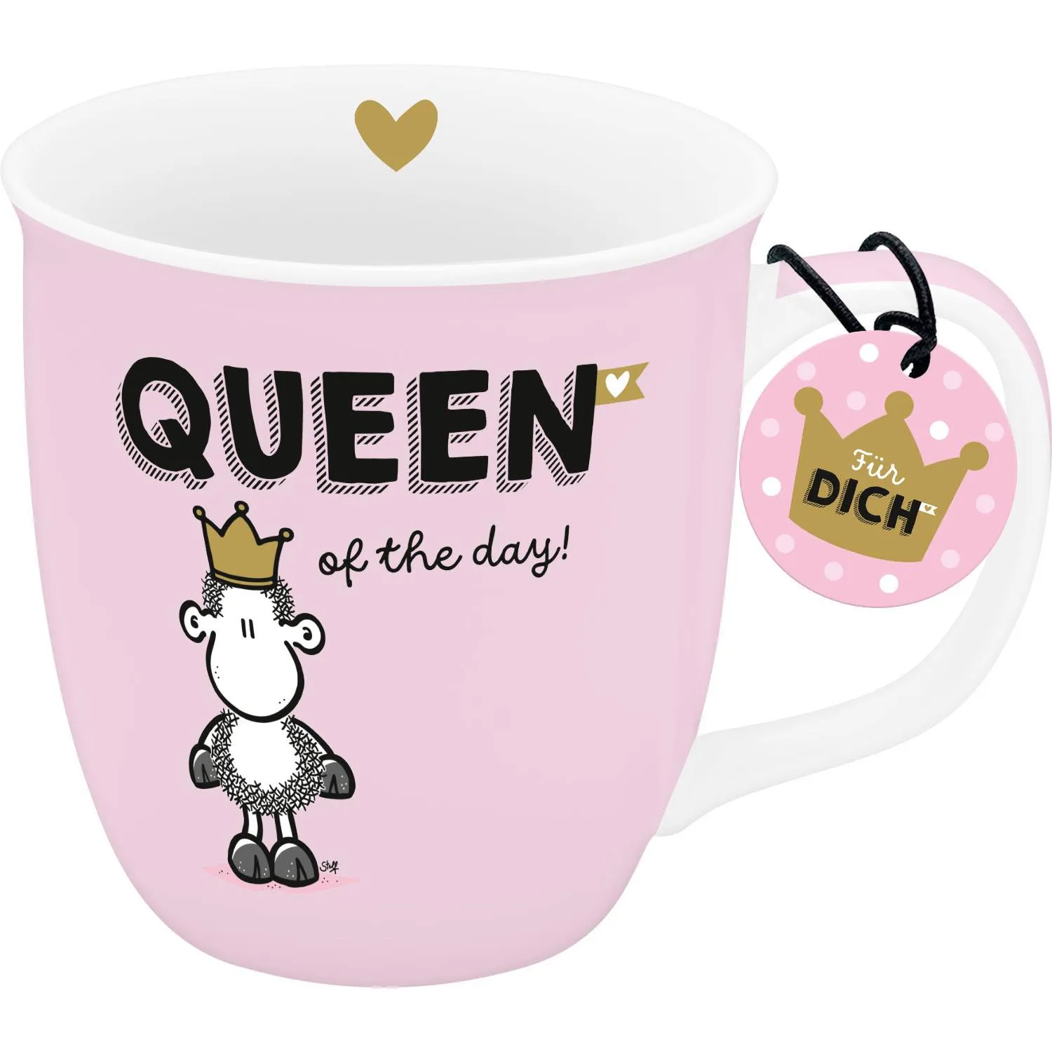Rosa Porzellan-Tasse mit Schäfchen-Krone und Gold-Druck, 'Queen of the day!'